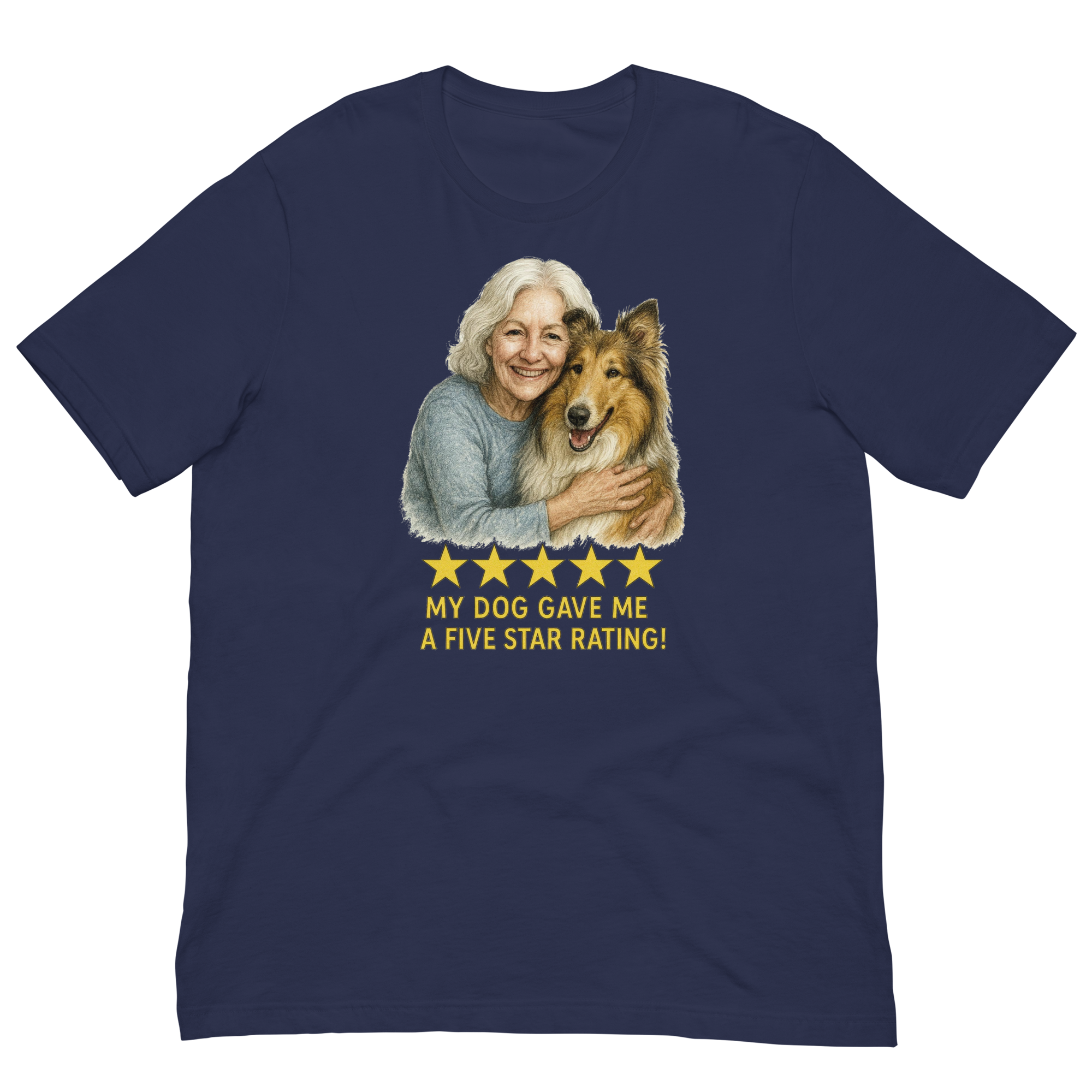 White Hair Woman with Collie graphic tee.
