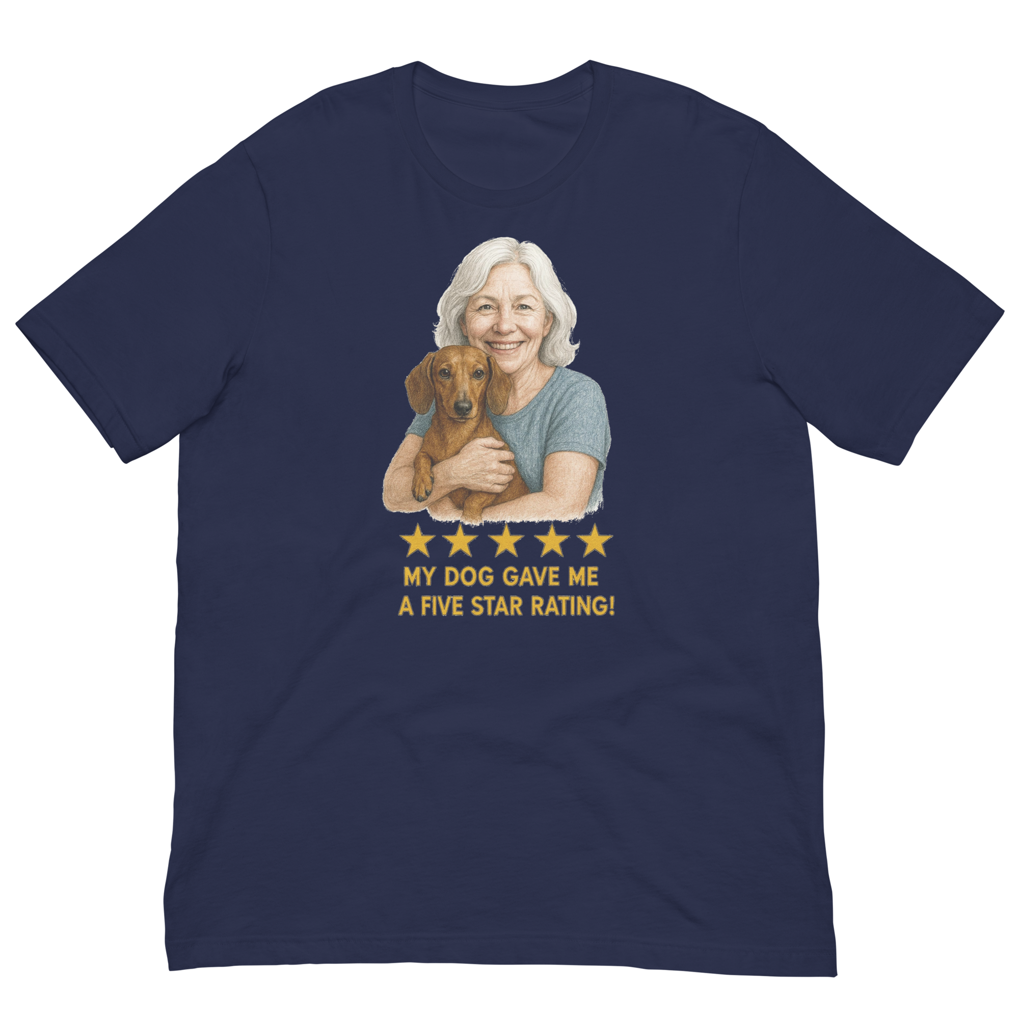 White Hair Woman with Dachshund graphic tee.