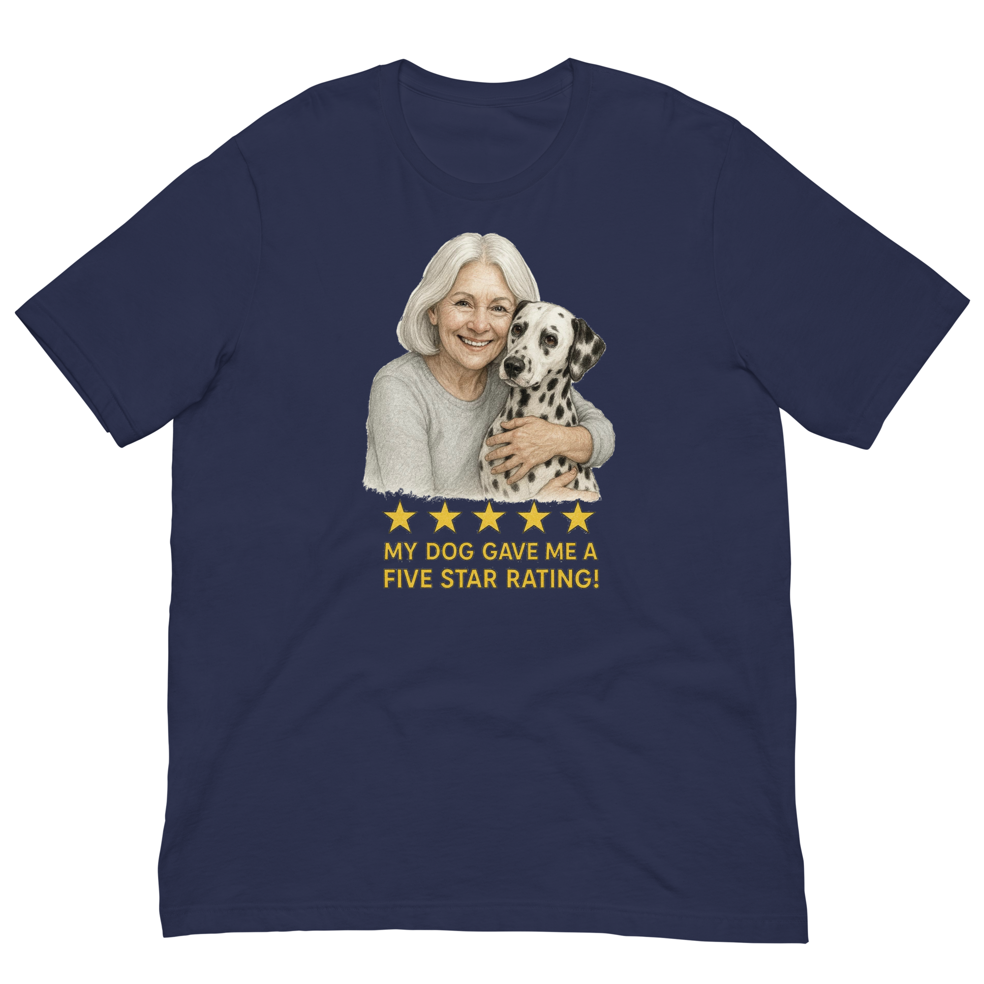 White Hair Woman with Dalmatian graphic tee.