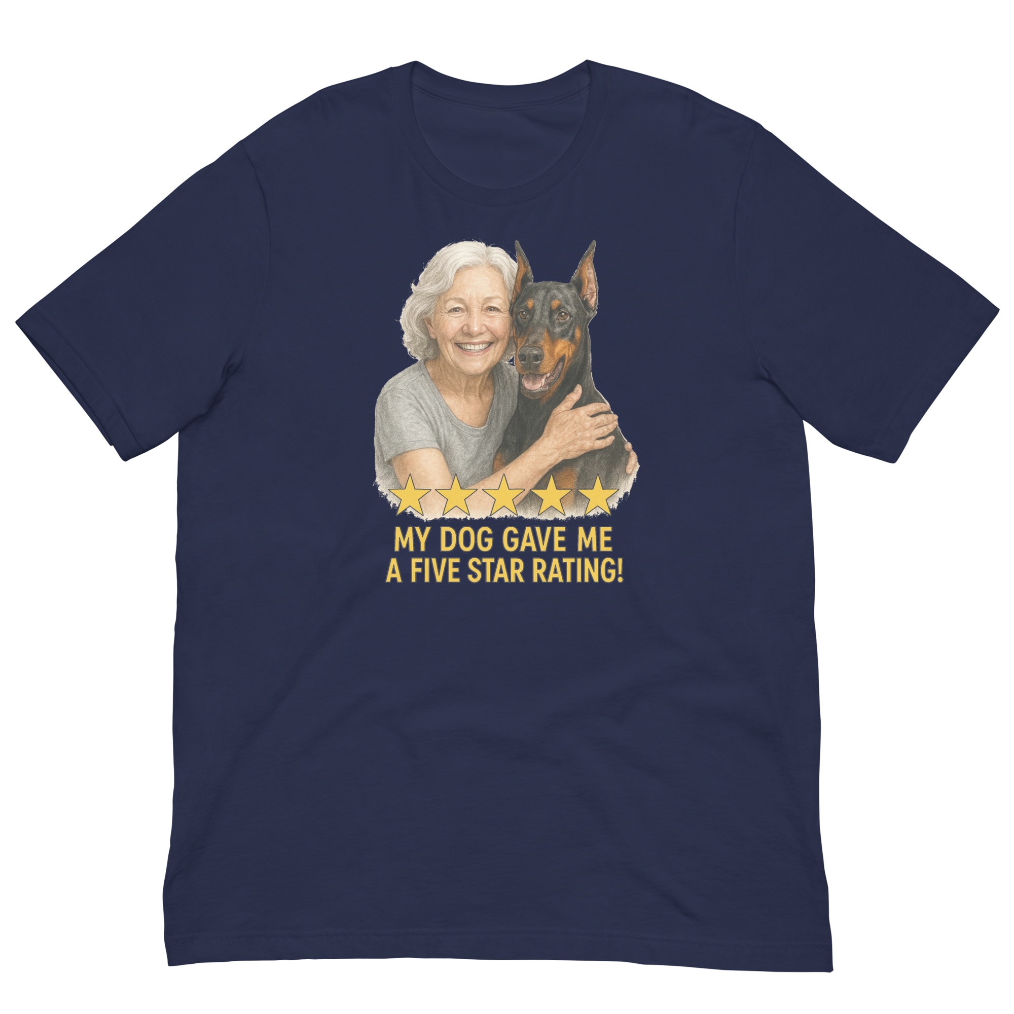 White Hair Woman with Doberman Pinscher graphic tee.