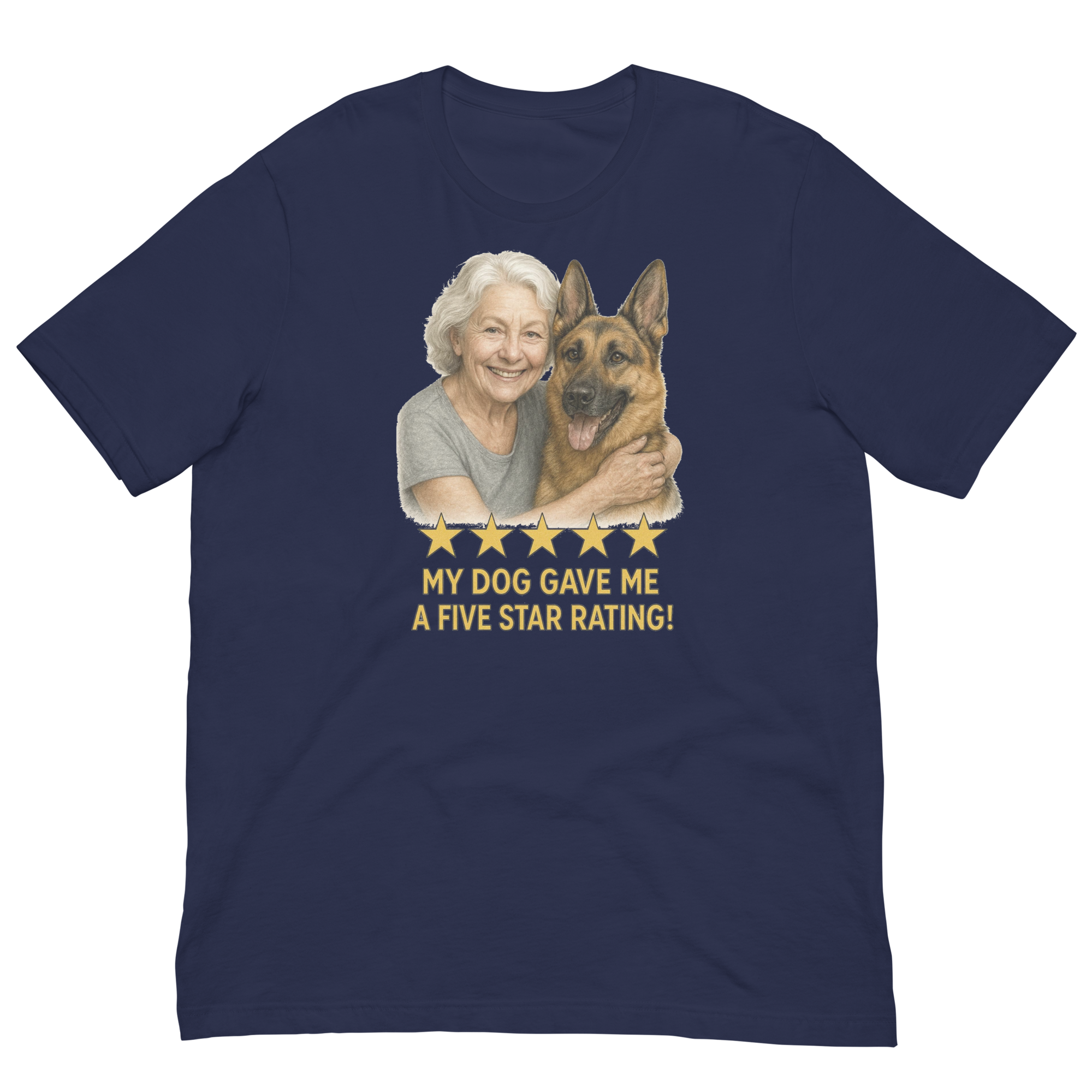 White Hair Woman with German Shepherd graphic tee.