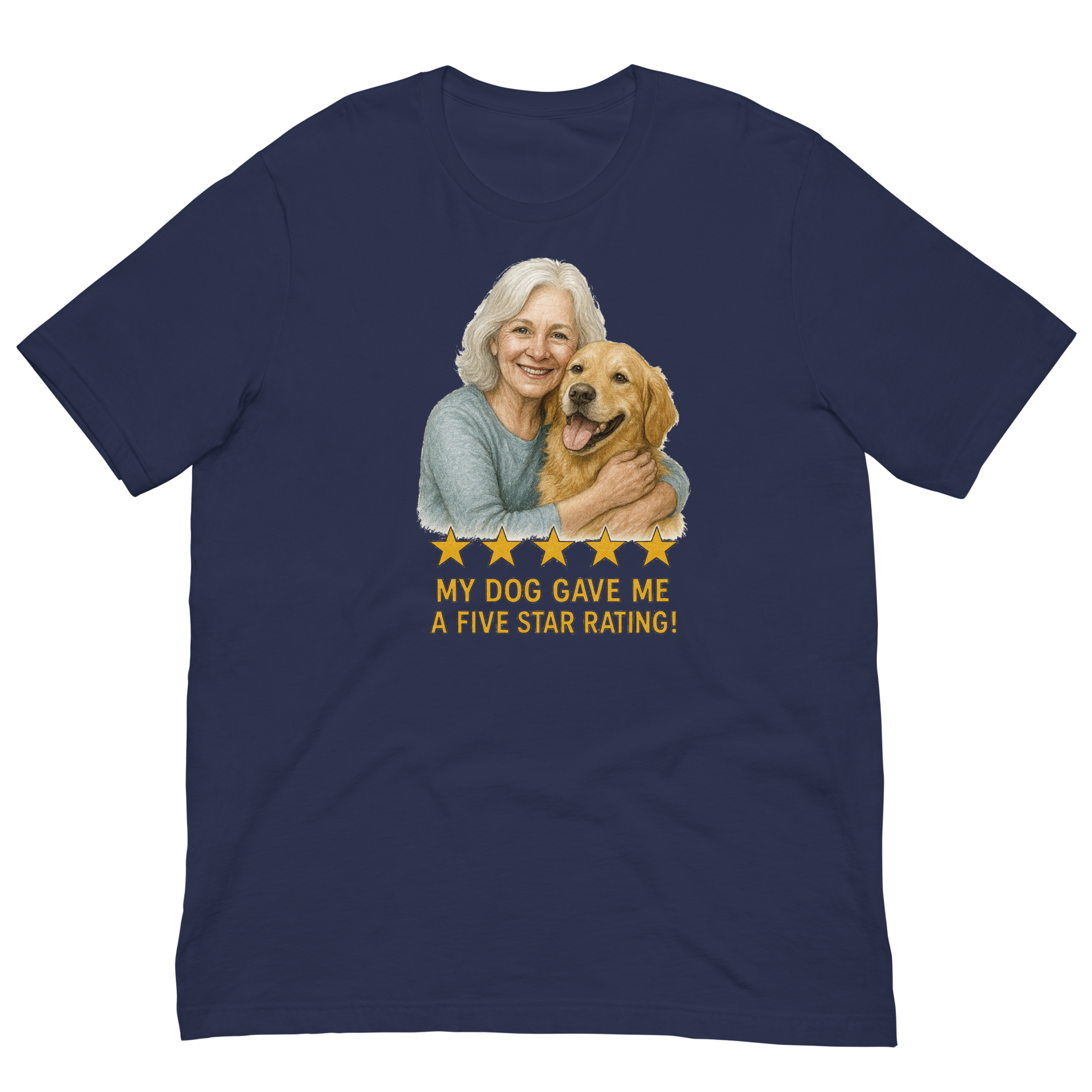 White Hair Woman with Golden Retriever graphic tee.