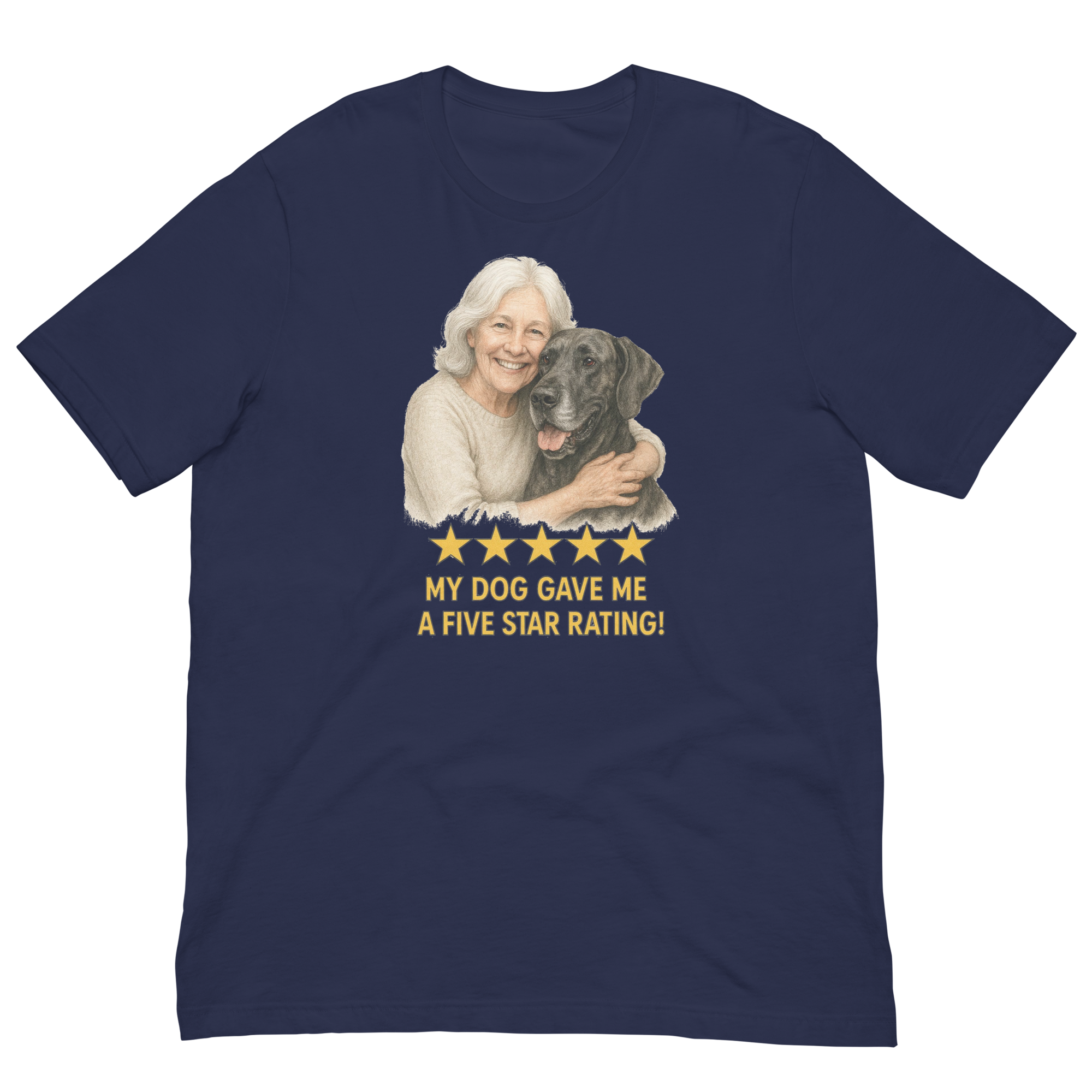 White Hair Woman with Great Dane graphic tee.
