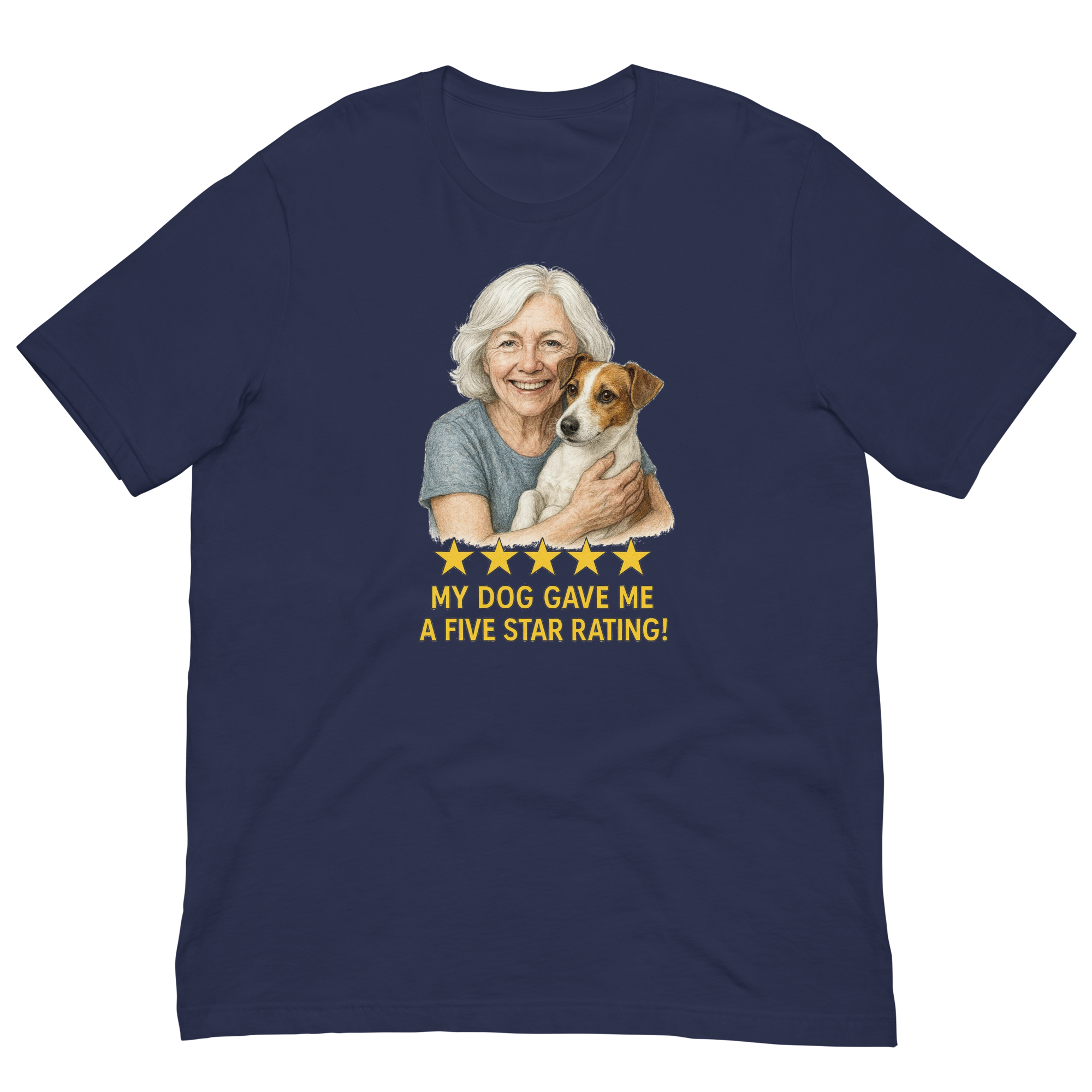 White Hair Woman with Jack Russell Terrier graphic tee.