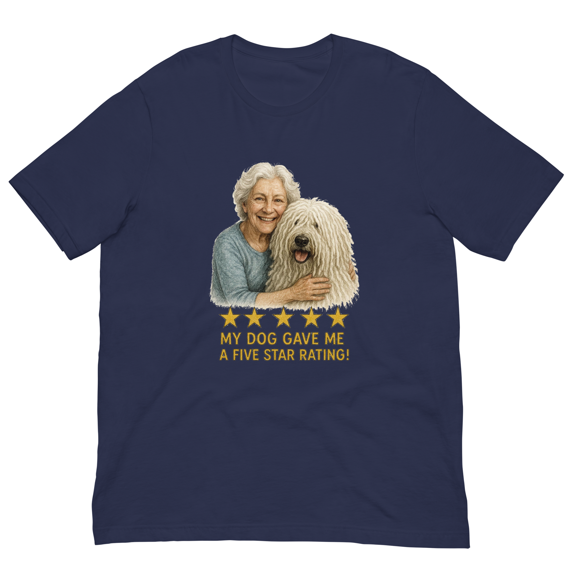 White Hair Woman with Komondor graphic tee.