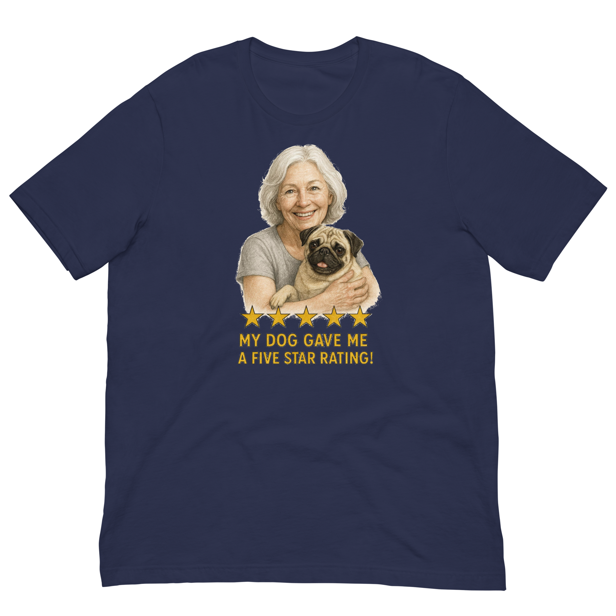 White Hair Woman with Pug graphic tee.