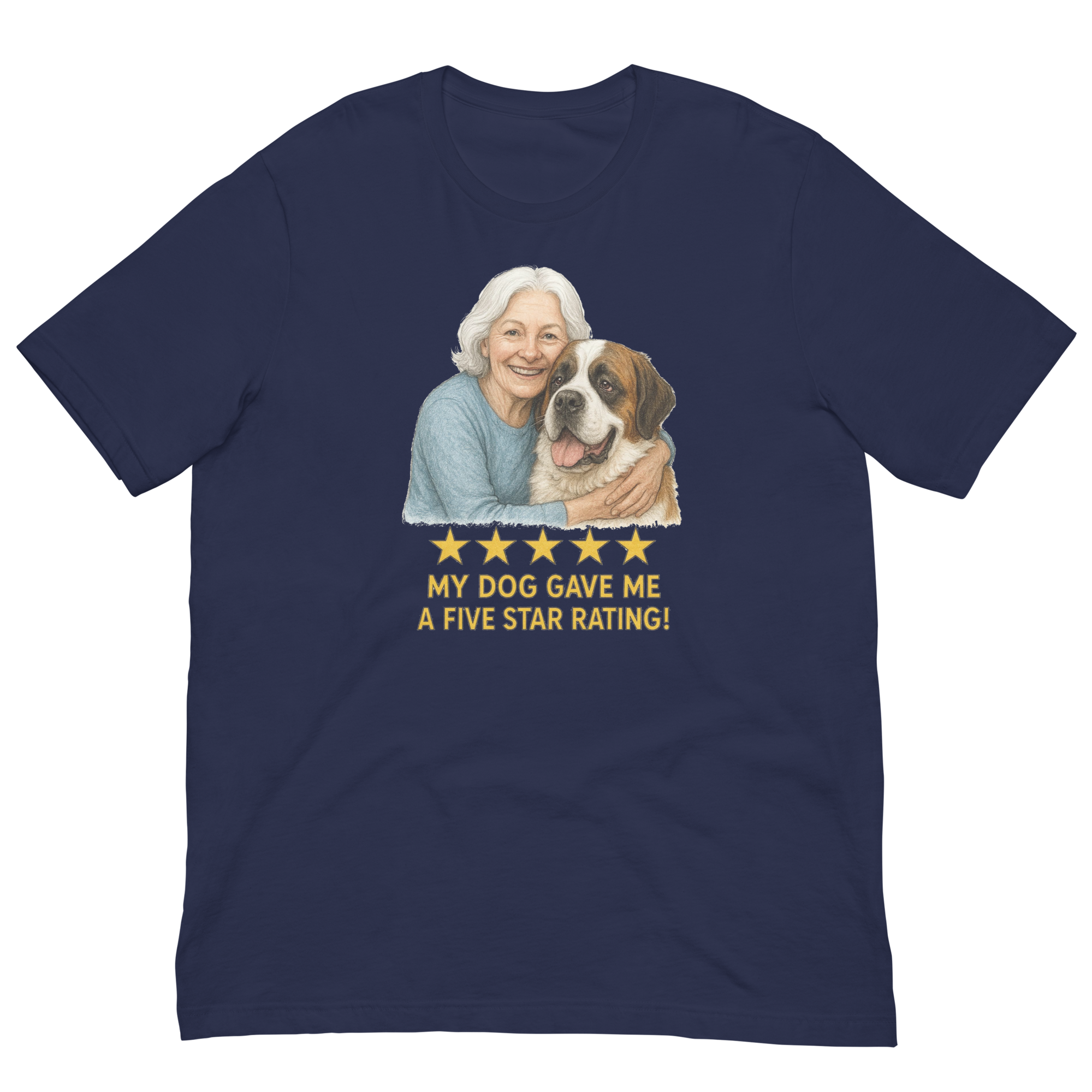 White Hair Woman with Saint Bernard graphic tee.