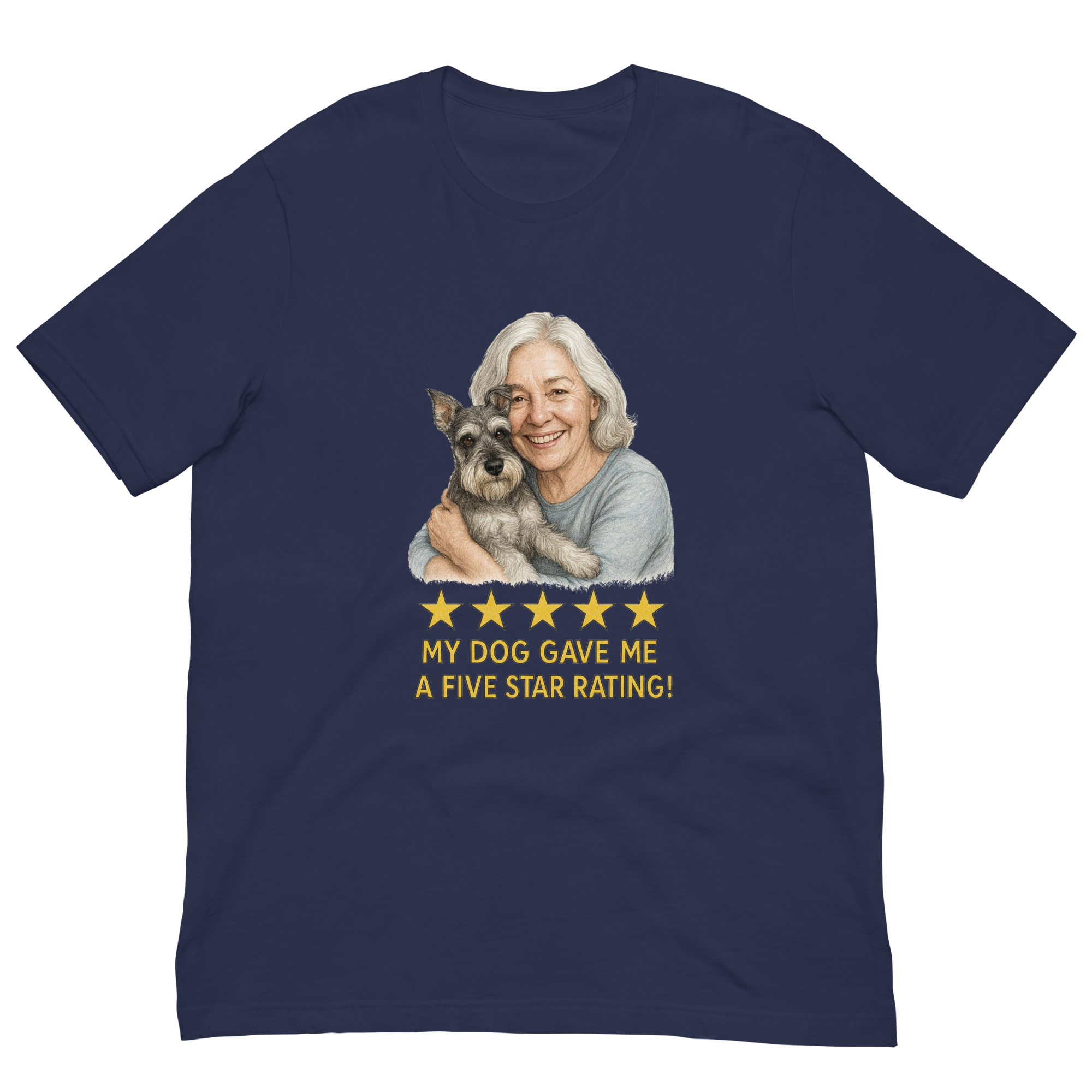 White Hair Woman with Schnauzer graphic tee.