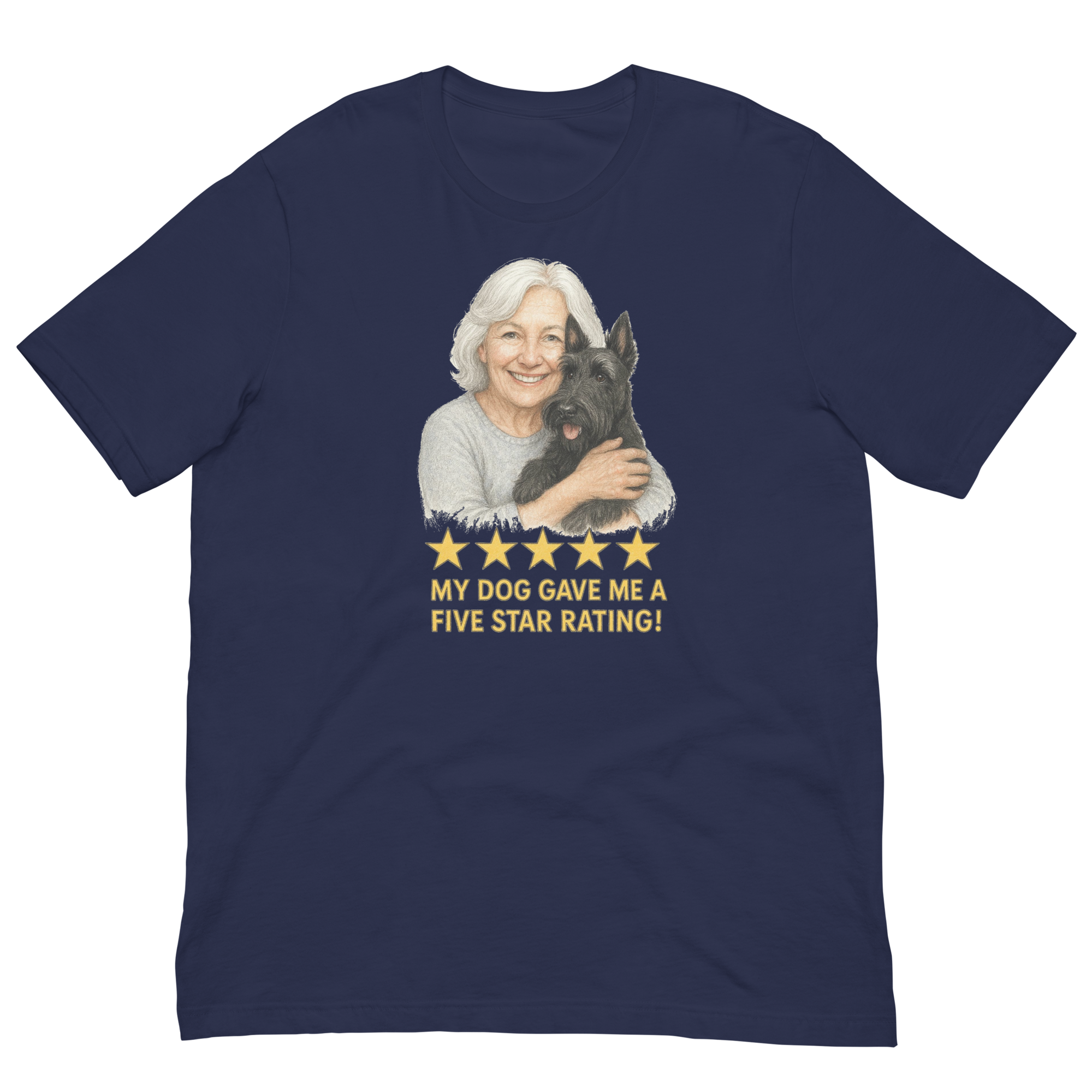 White Hair Woman with Scottie graphic tee.