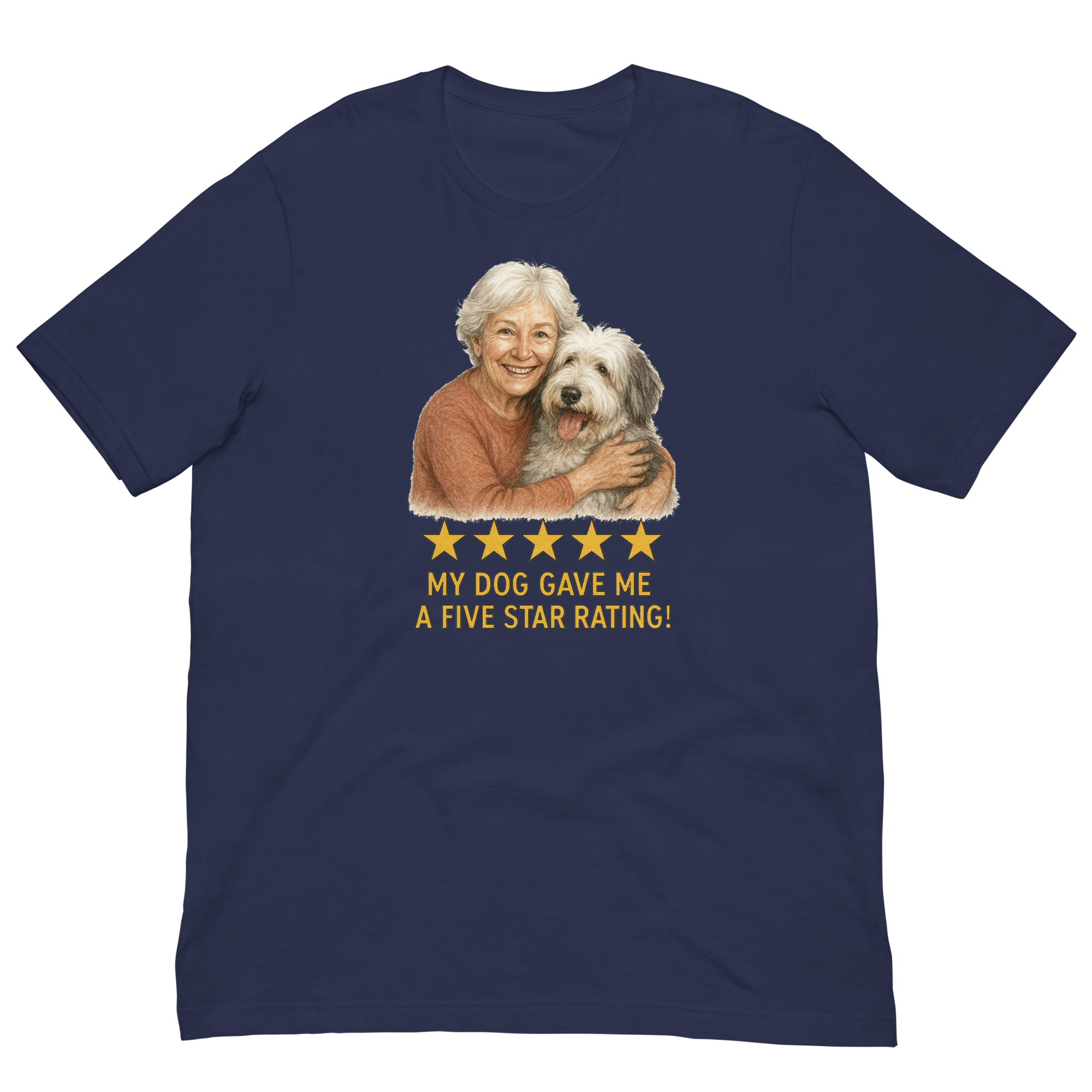 White Hair Woman with Sheepdog graphic tee.