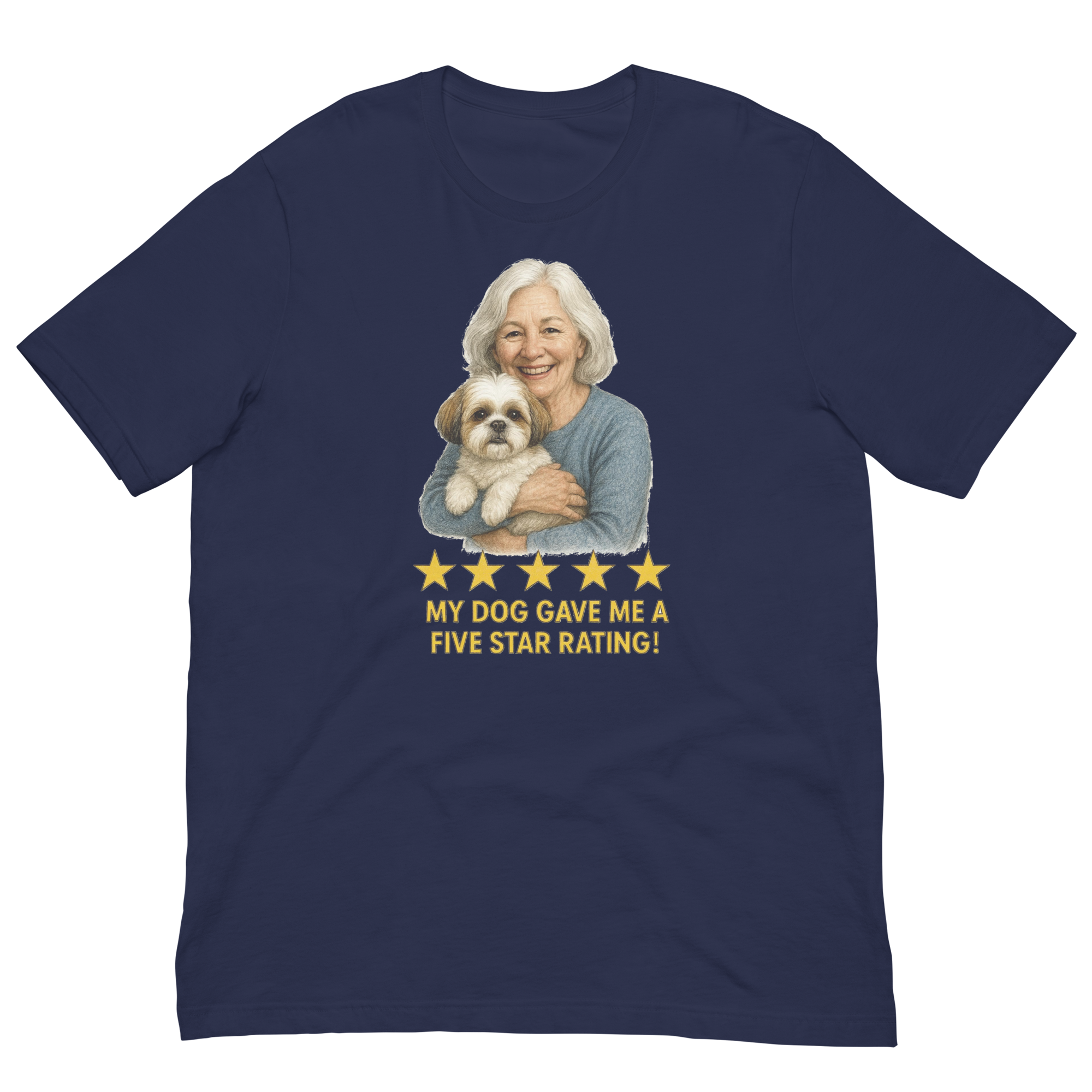 White Hair Woman with Shih Tzu graphic tee.