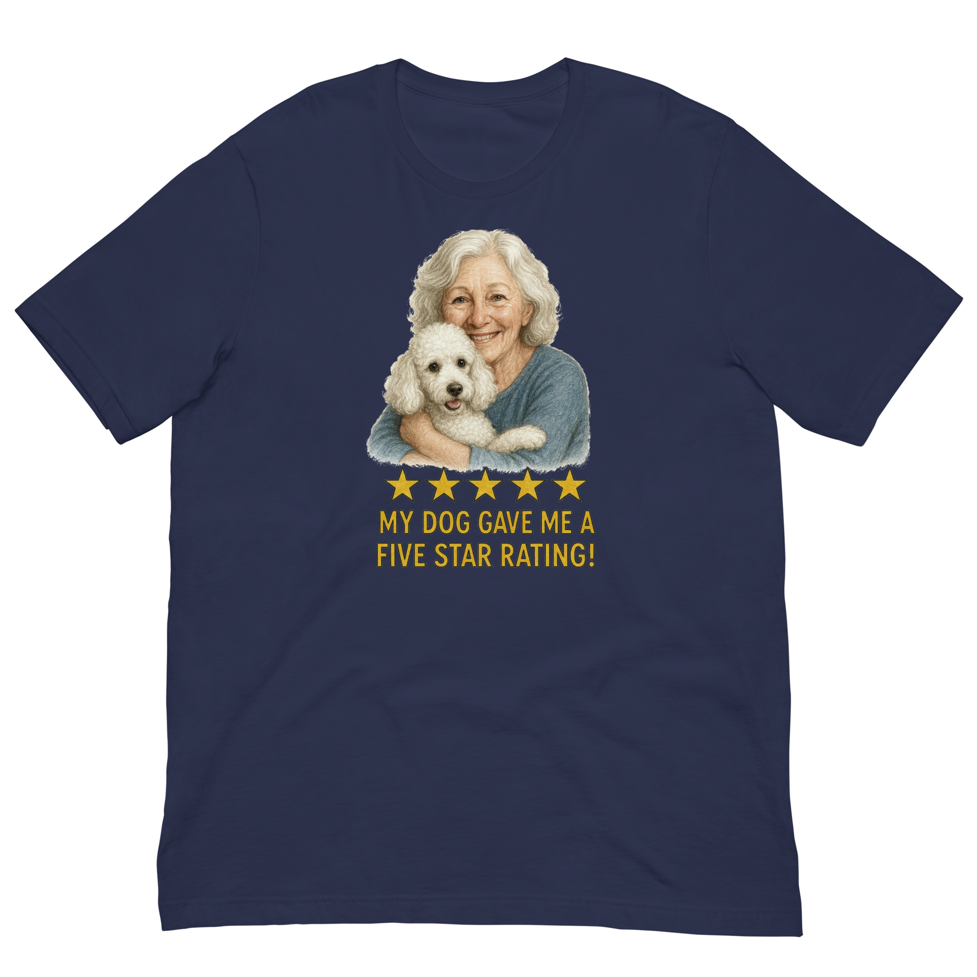 White Hair Woman with White Poodle graphic tee.