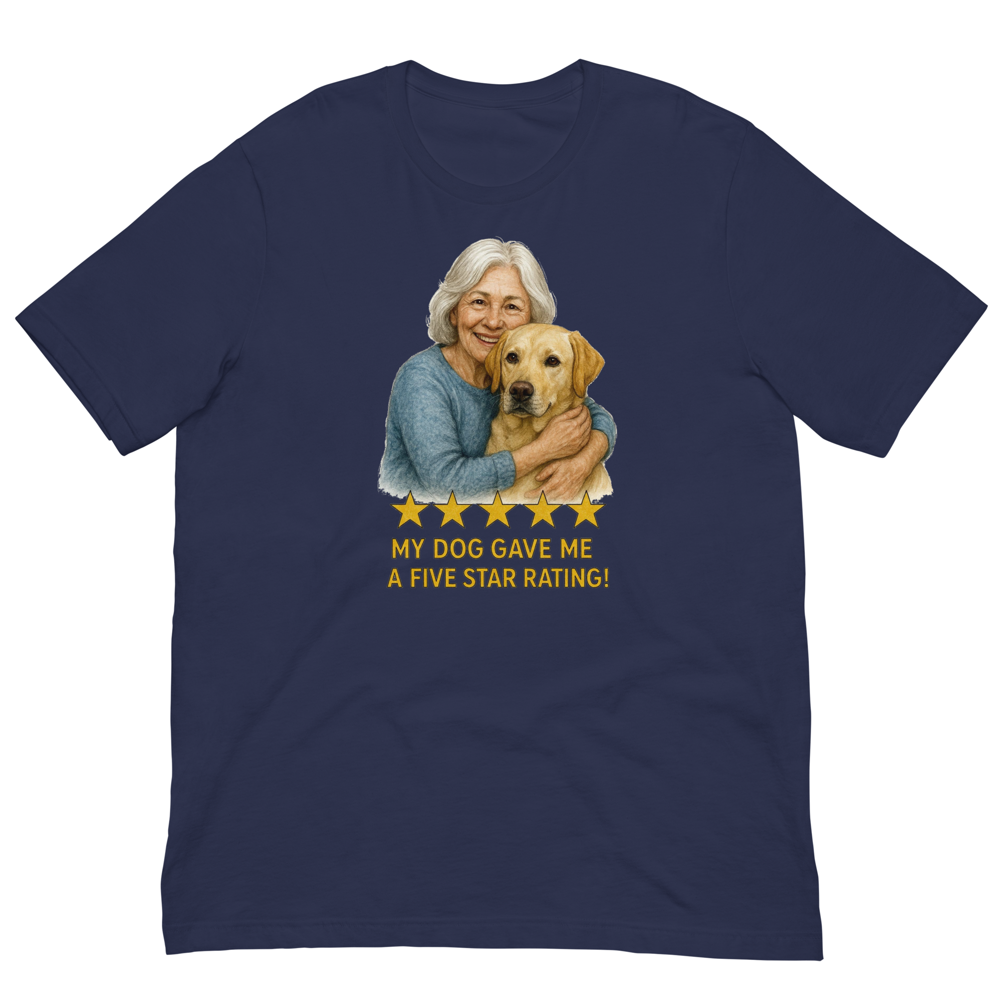 White Hair Woman with Yellow Labrador graphic tee.