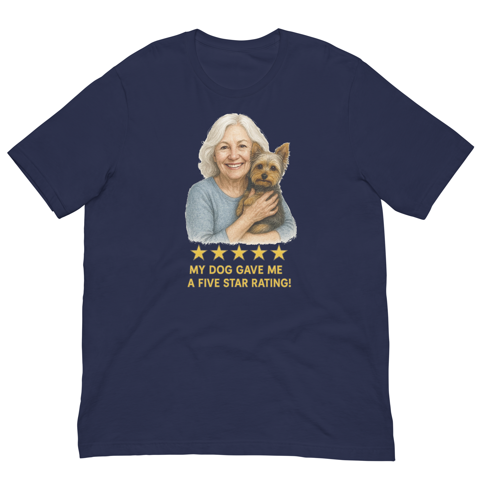White Hair Woman with Yorkie graphic tee.