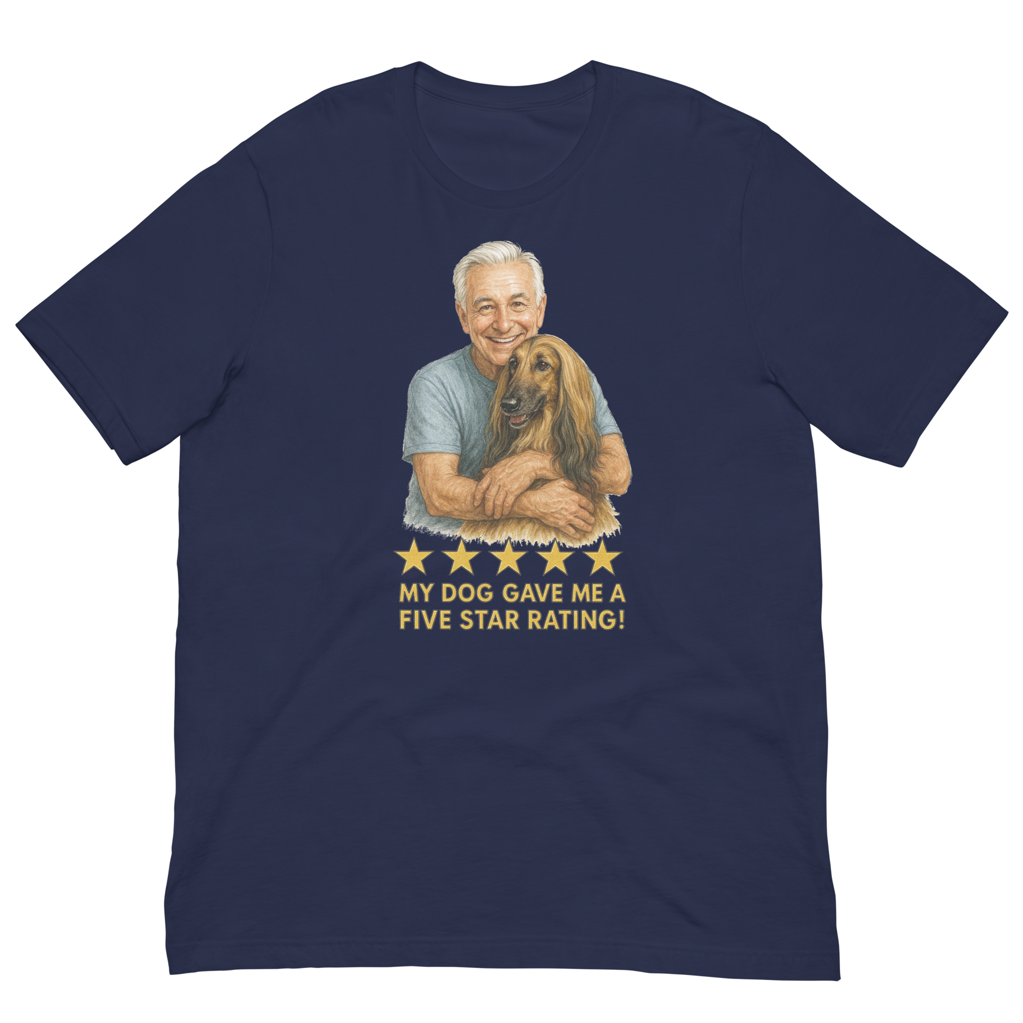 White Hair Man with Afghan Hound graphic tee.