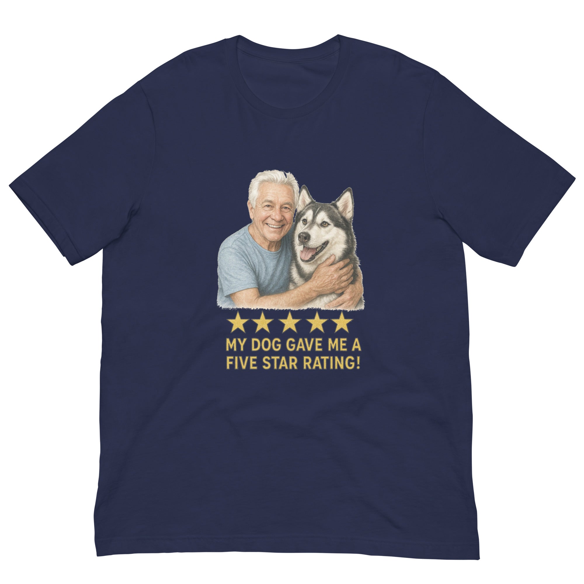 White Hair Man with Alaskan Husky graphic tee.