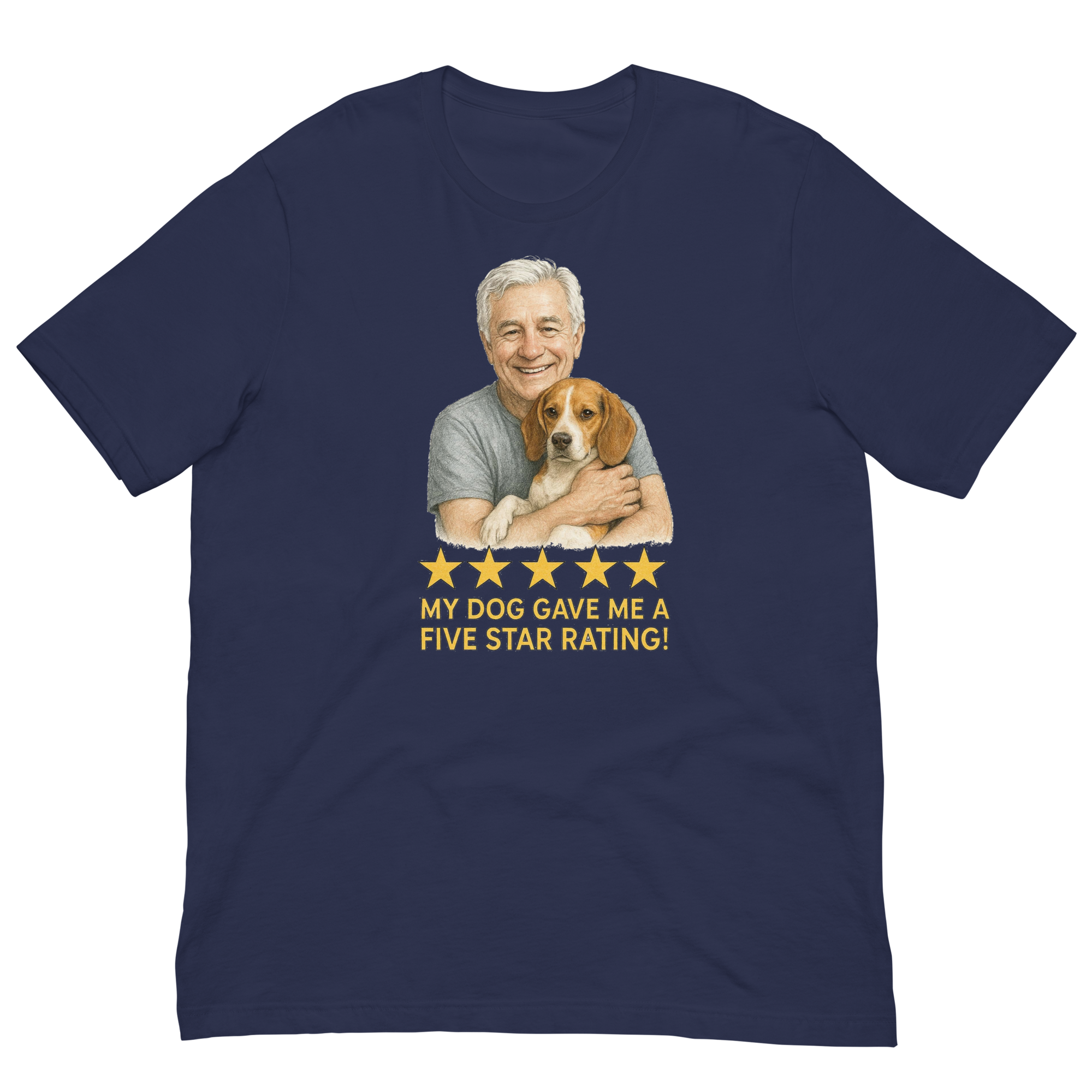 White Hair Man with Beagle graphic tee.