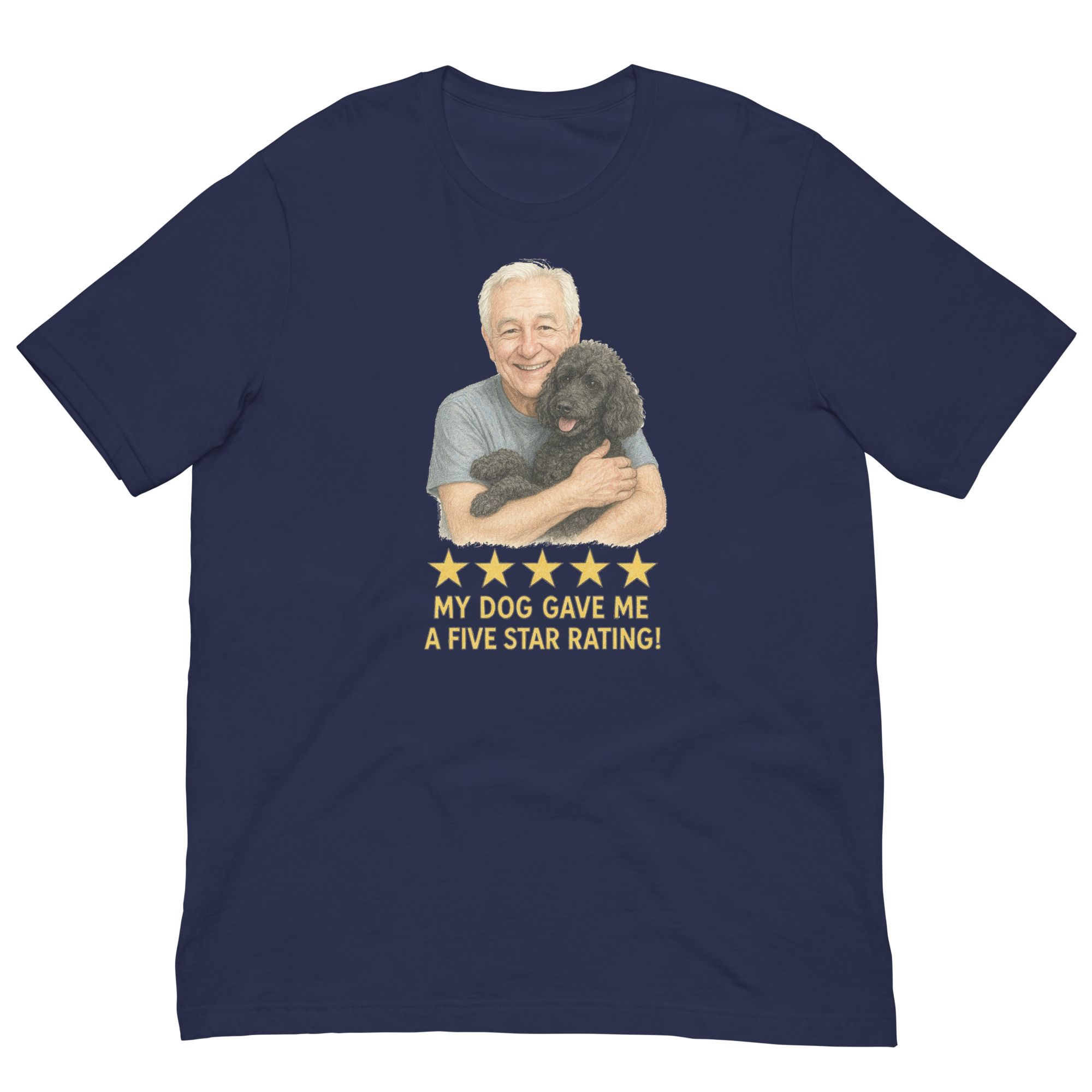 White Hair Man with Black Poodle graphic tee.