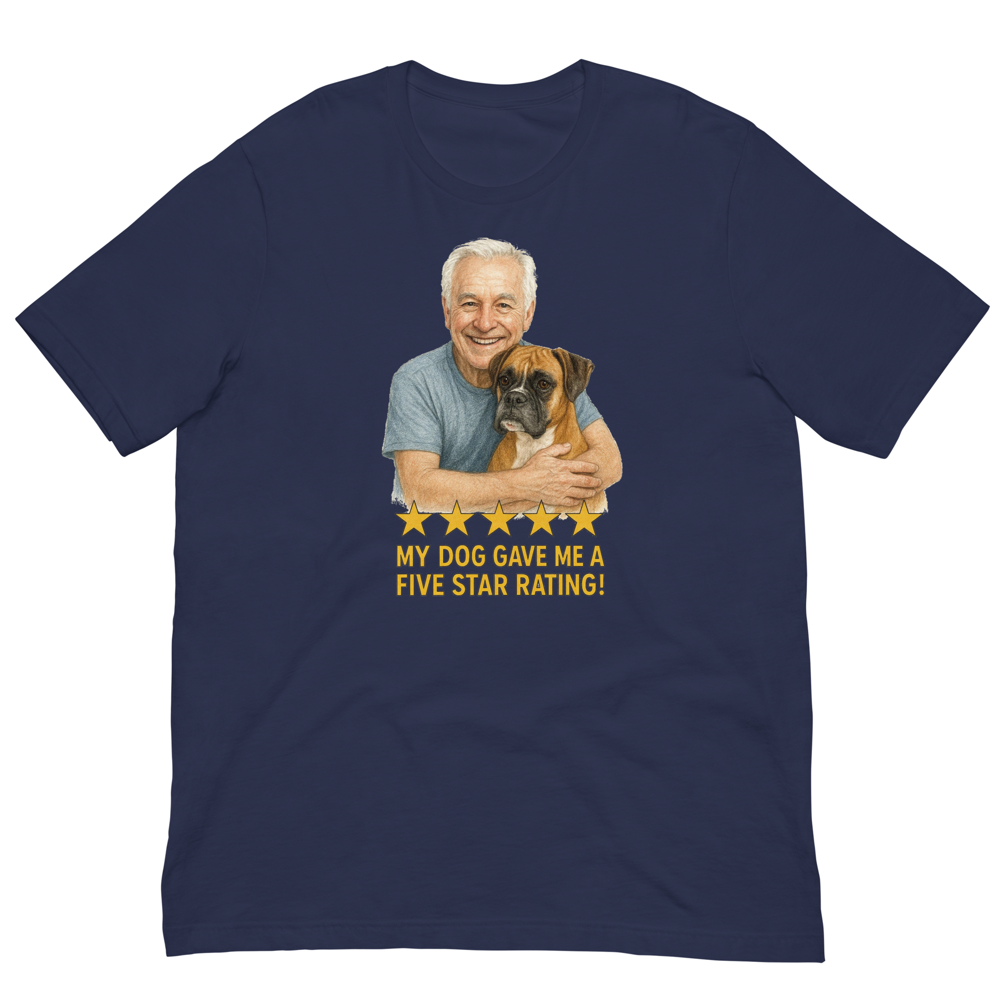 White Hair Man with Boxer graphic tee.