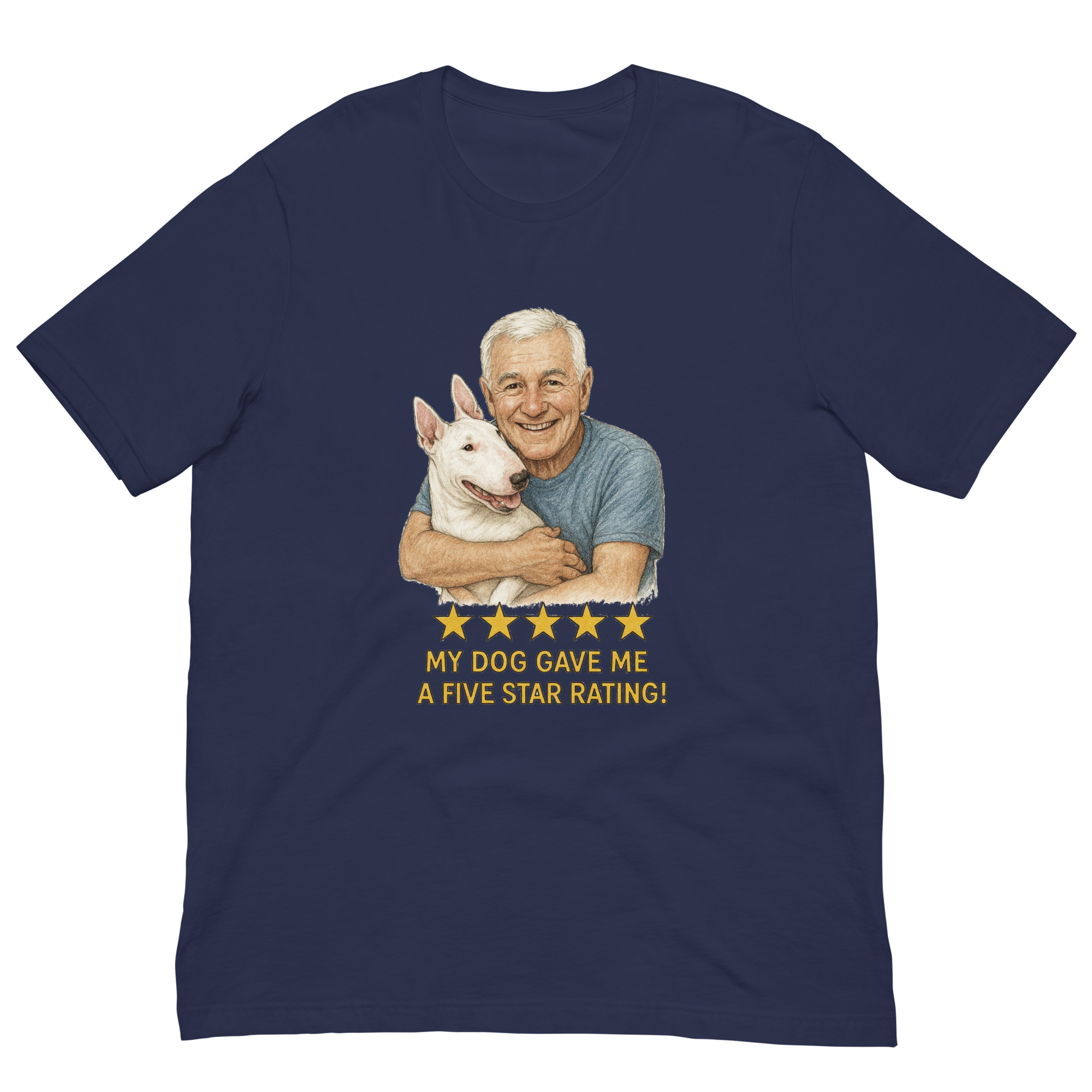 White Hair Man with Bull Terrier graphic tee.
