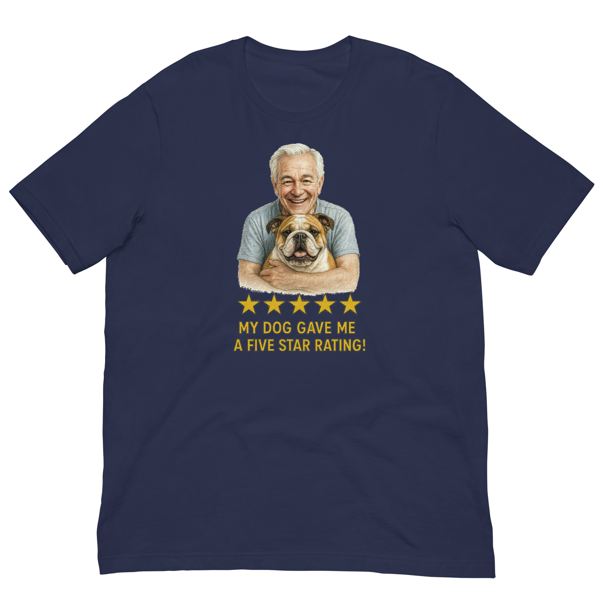 White Hair Man with Bulldog graphic tee.