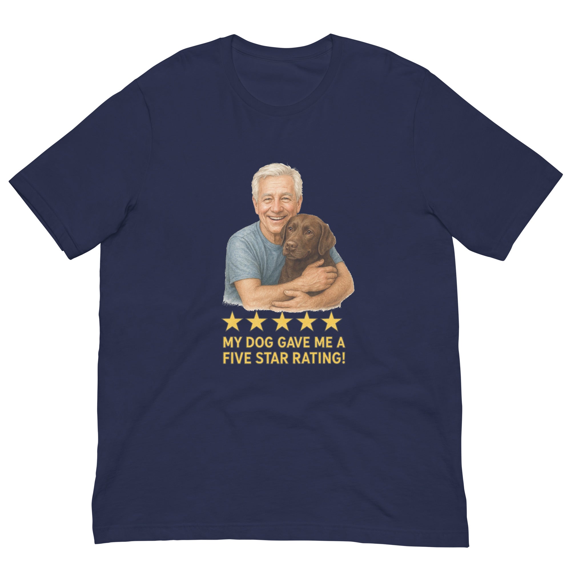 White Hair Man with Chocolate Labrador graphic tee.
