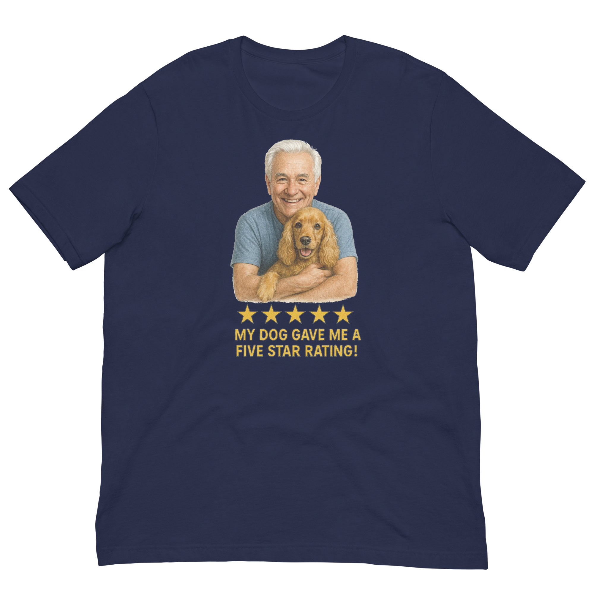 White Hair Man with Cocker Spaniel graphic tee.
