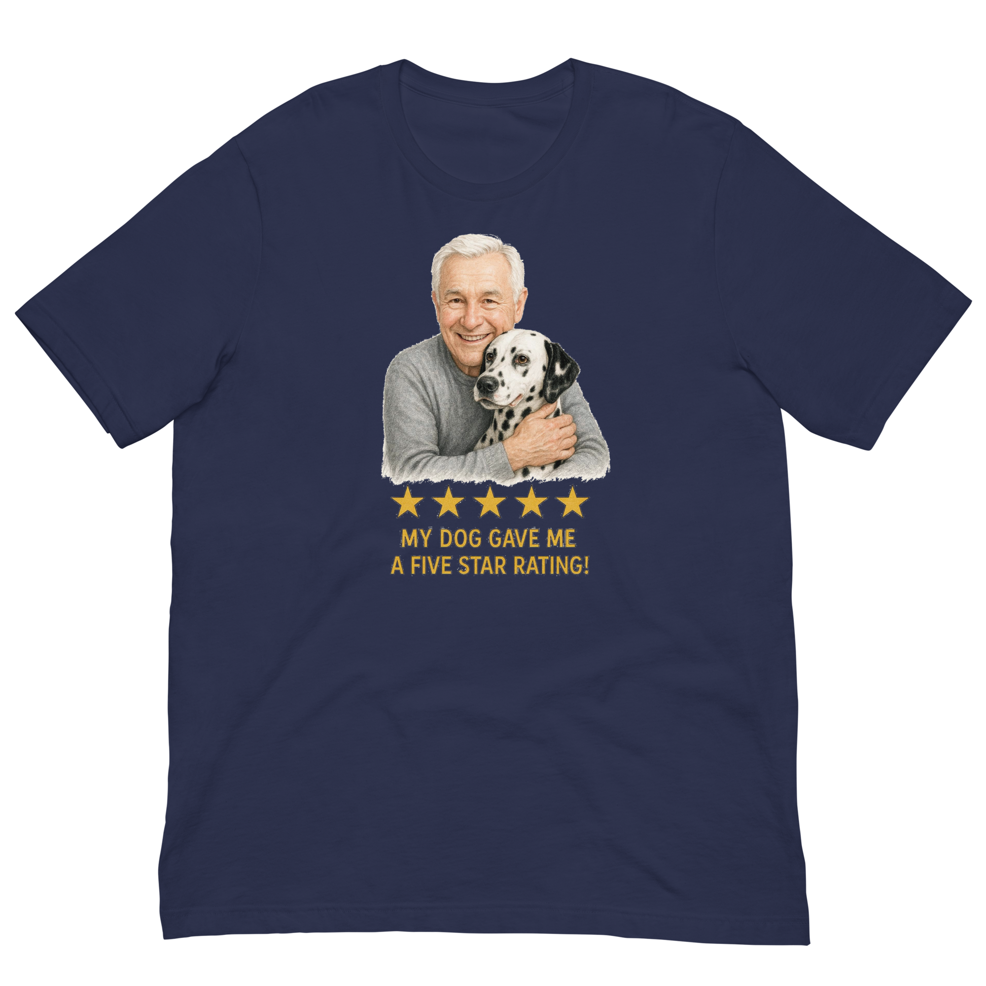 White Hair Man with Dalmatian graphic tee.