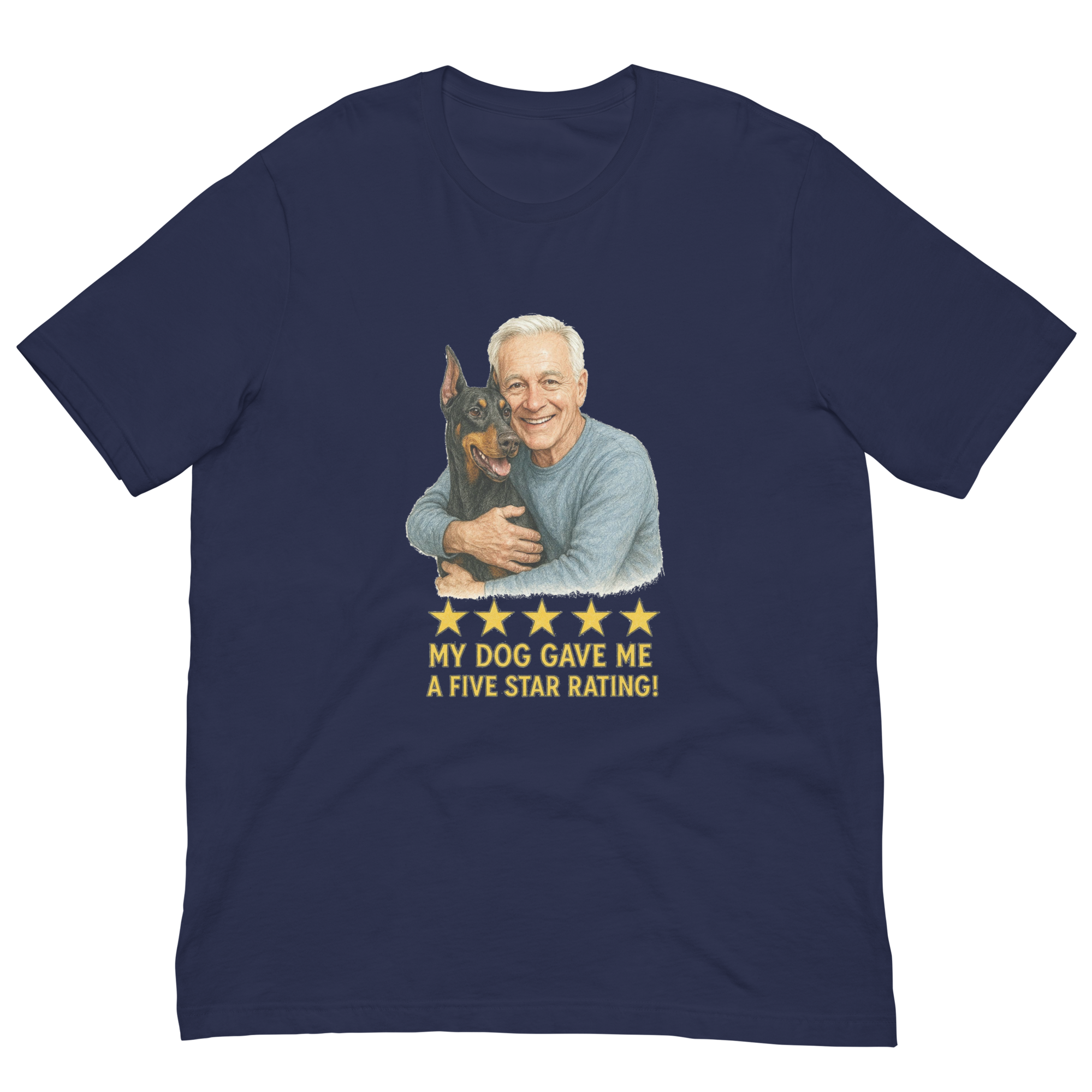 White Hair Man with Doberman Pinscher graphic tee.
