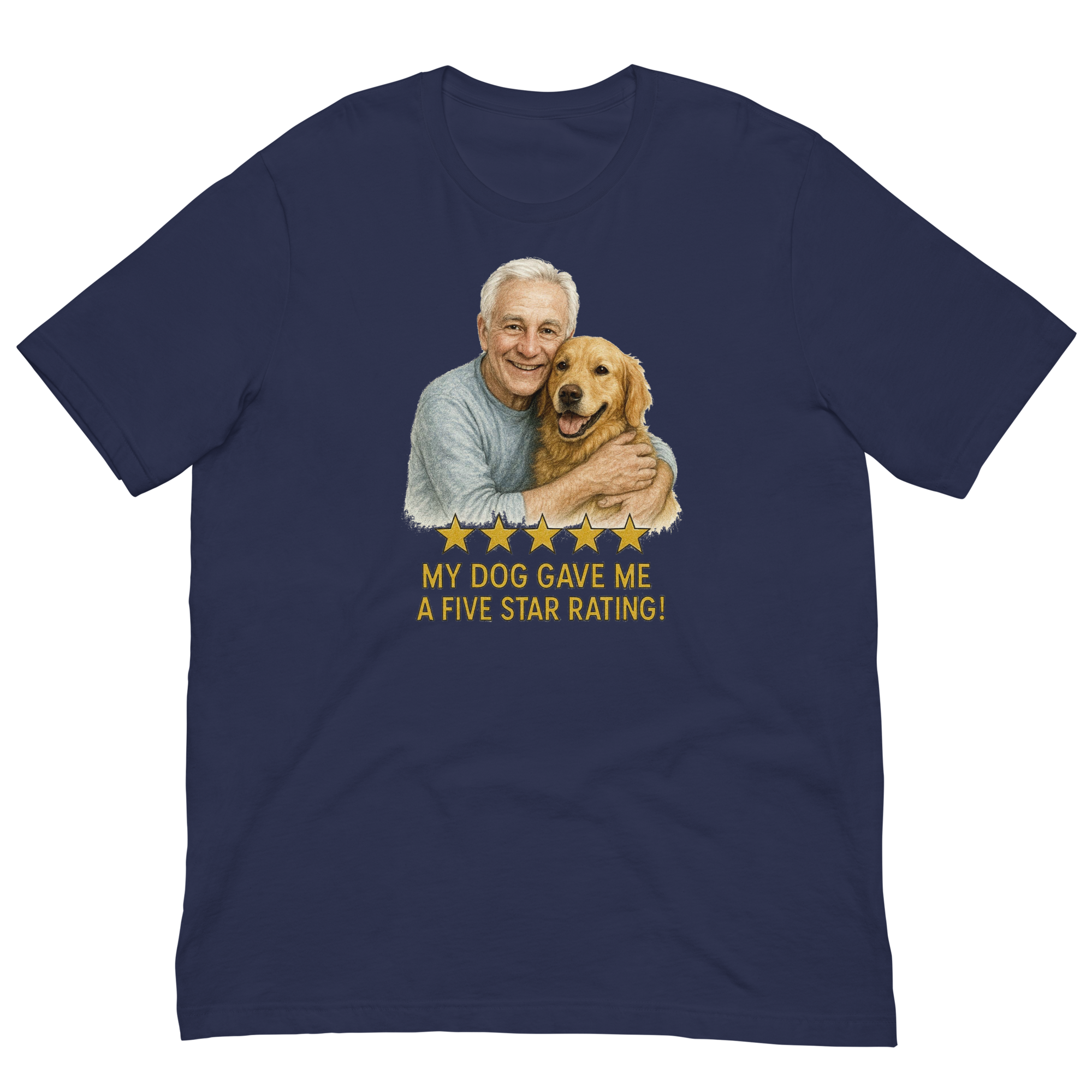 White Hair Man with Golden Retriever graphic tee.