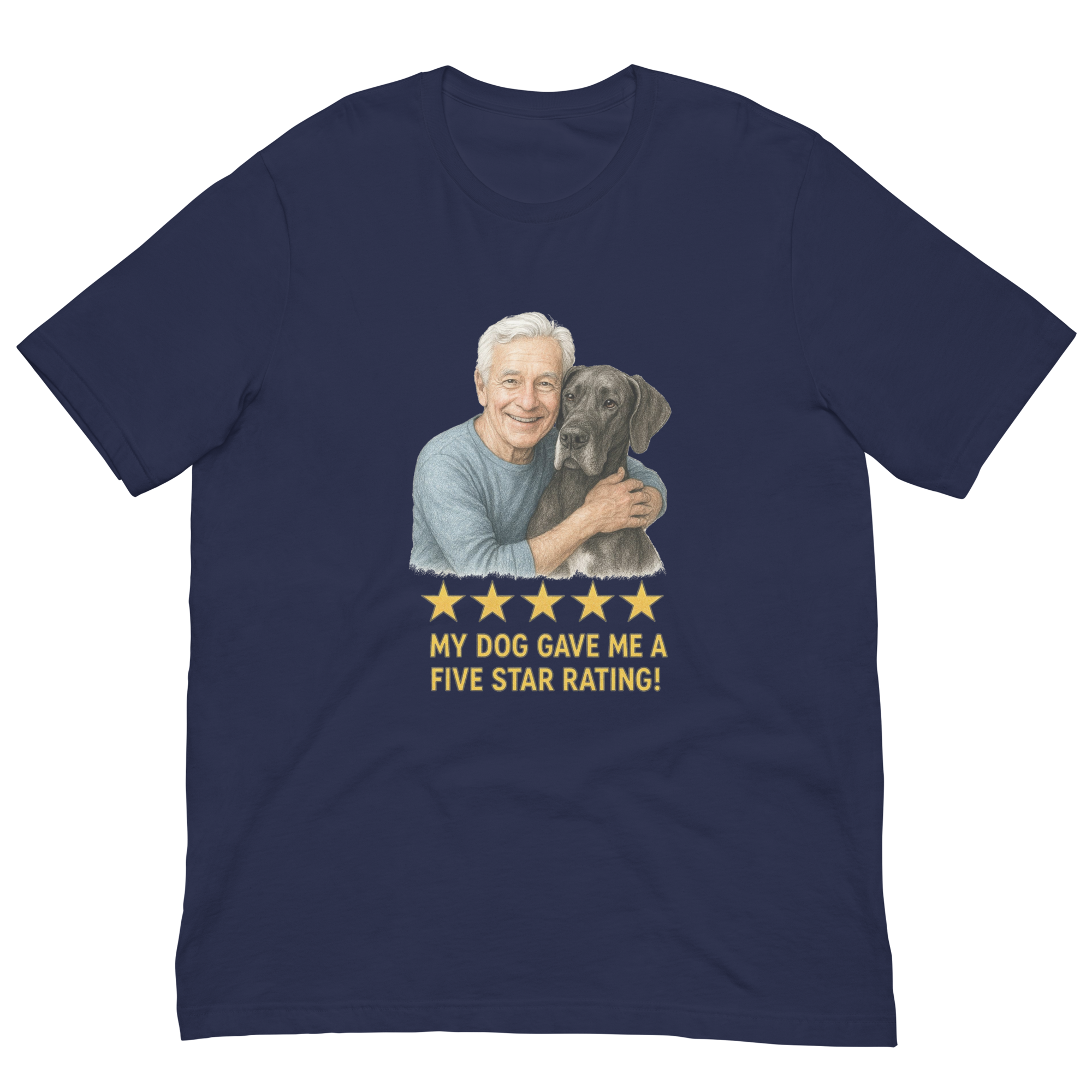 White Hair Man with Great Dane graphic tee.