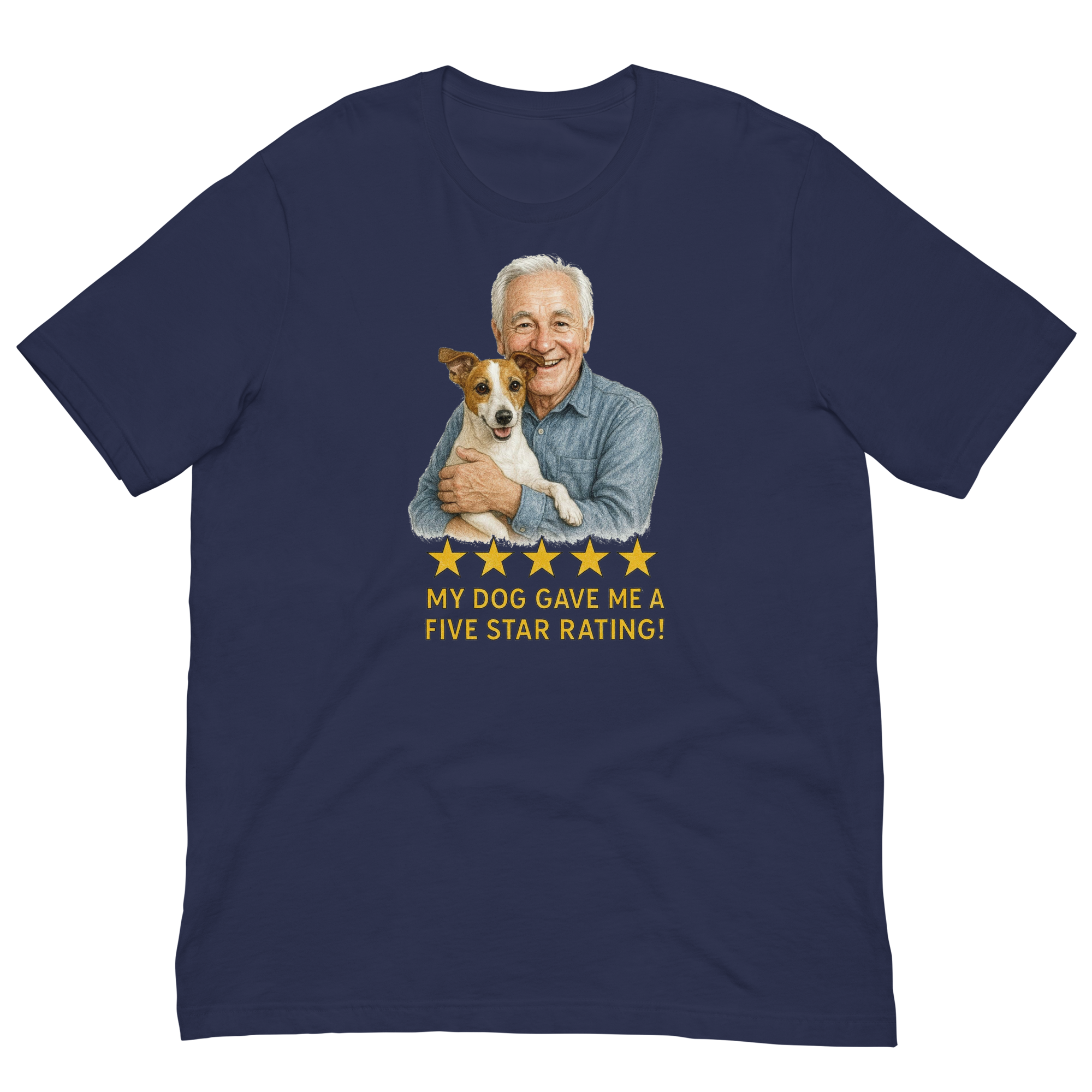 White Hair Man with Jack Russell Terrier graphic tee.
