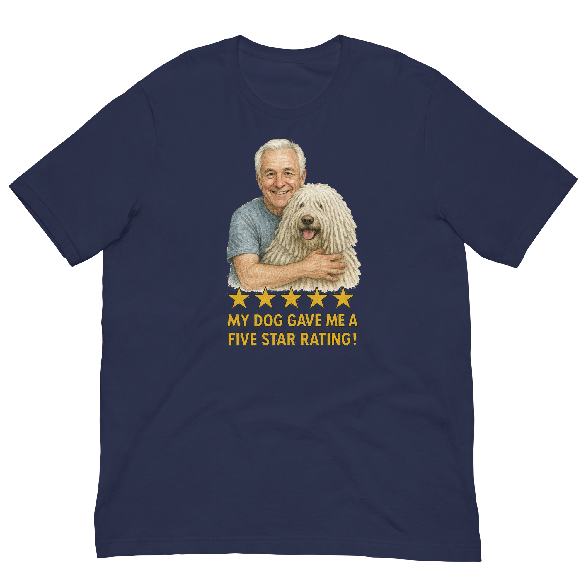 White Hair Man with Komondor graphic tee.
