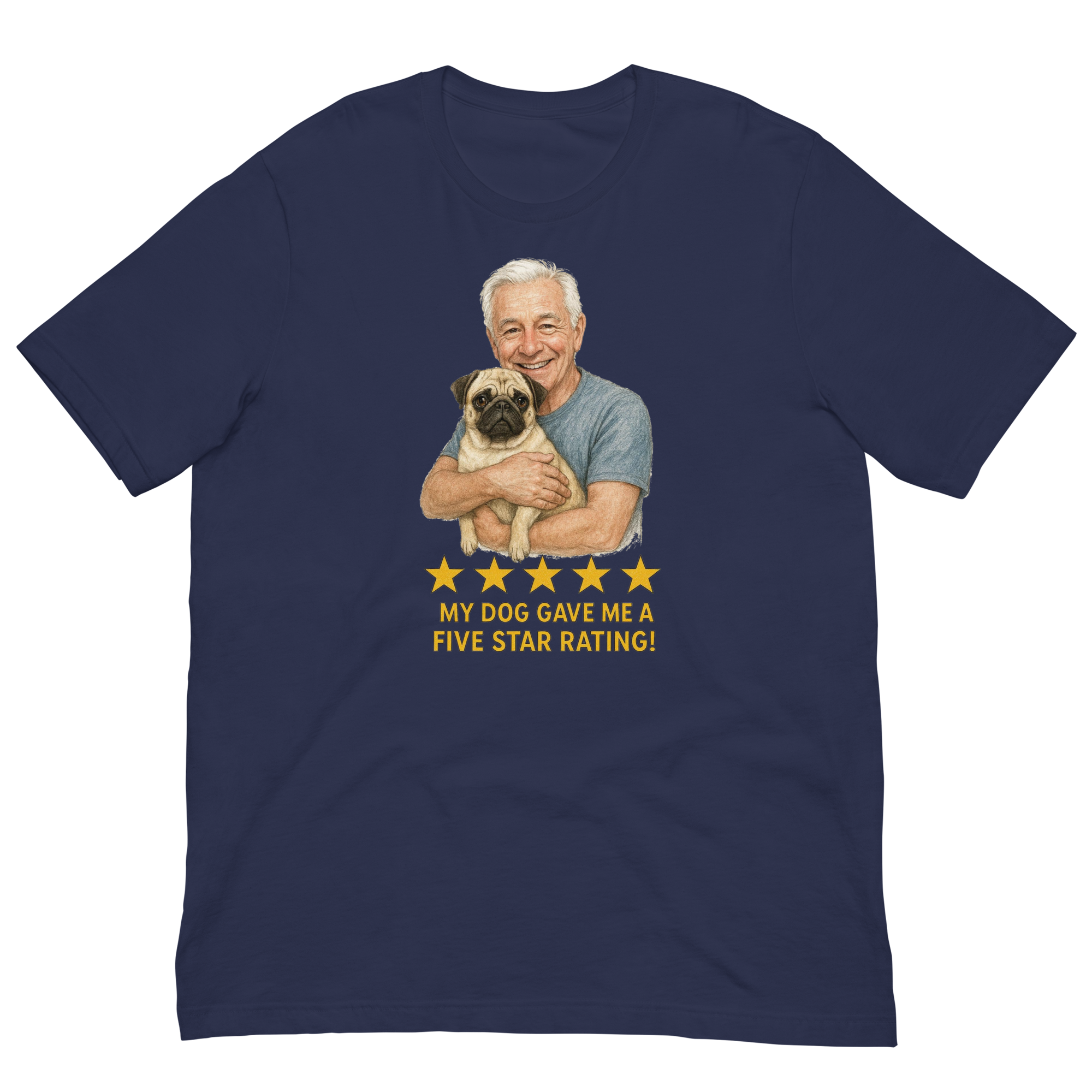 White Hair Man with Pug graphic tee.