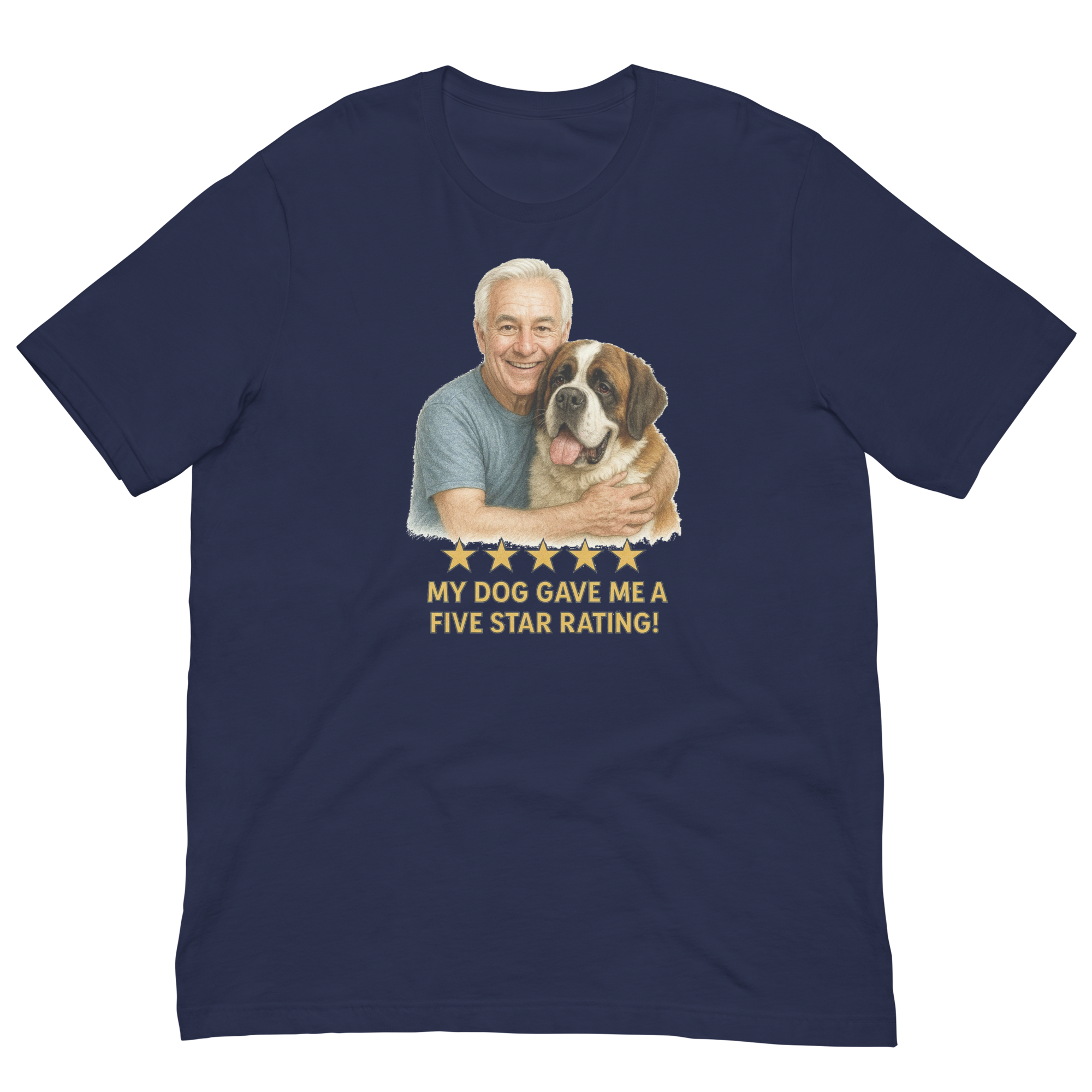 White Hair Man with Saint Bernard graphic tee.