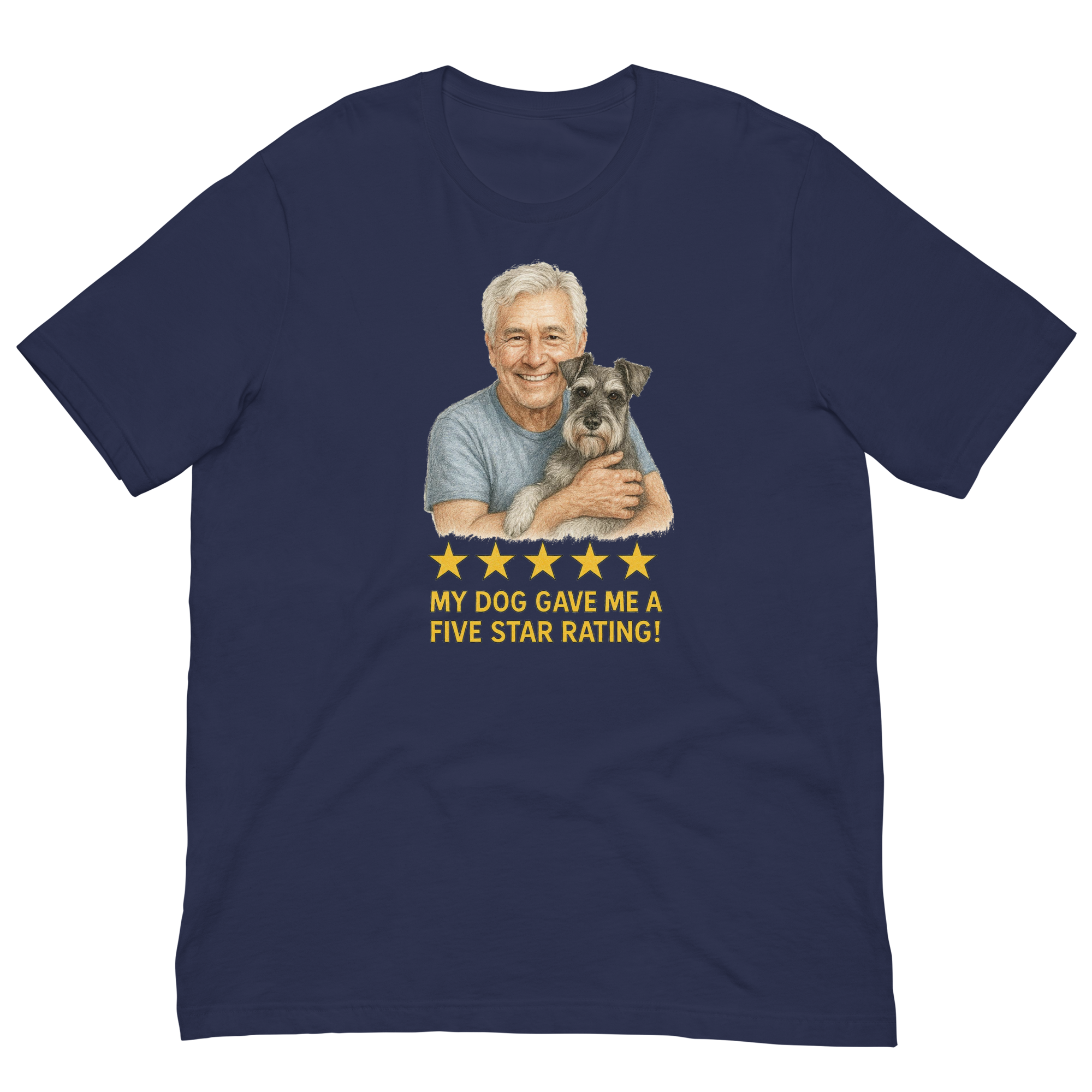 White Hair Man with Schnauzer graphic tee.