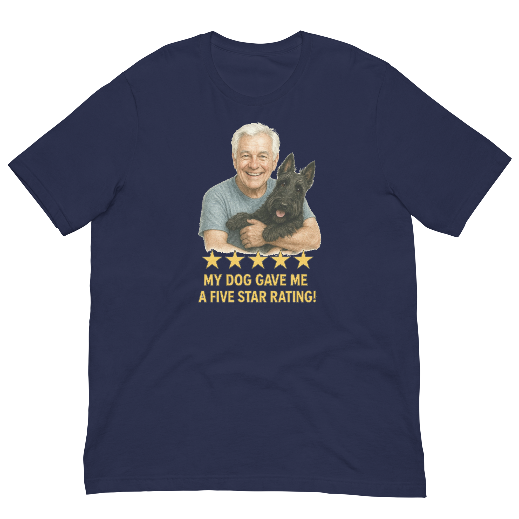 White Hair Man with Scottie graphic tee.