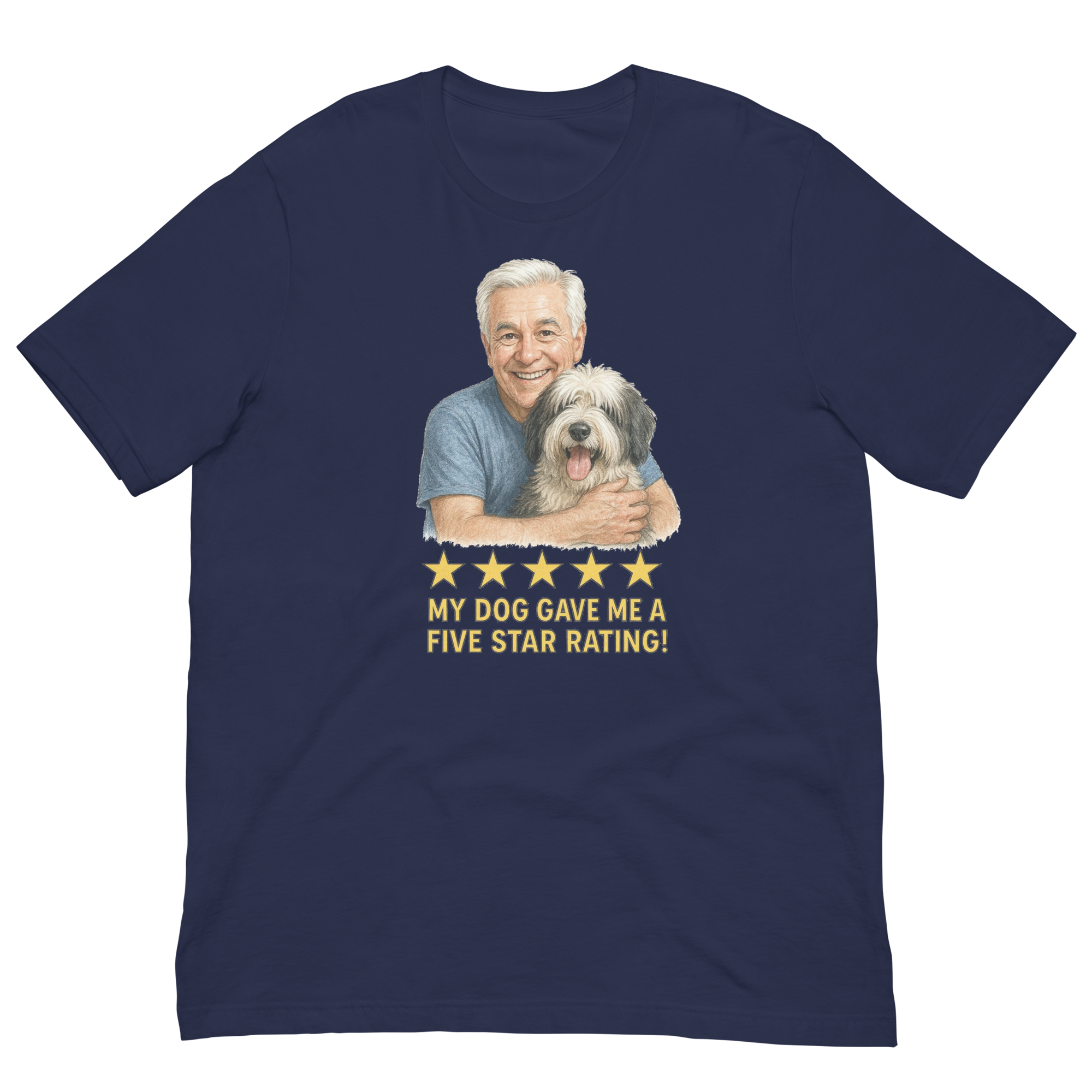 White Hair Man with Sheepdog graphic tee.