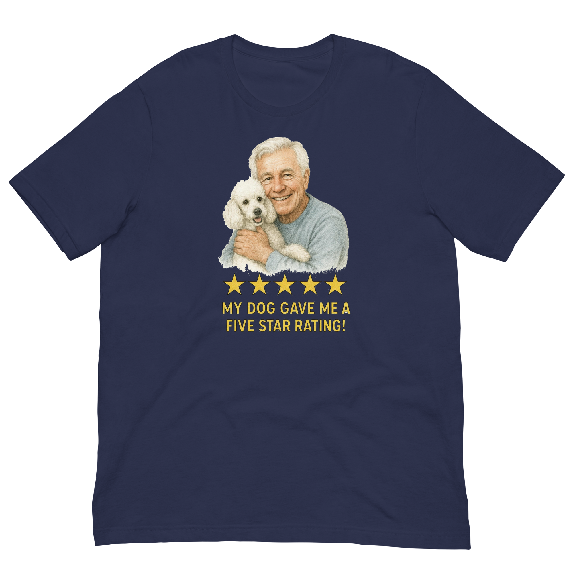 White Hair Man with White Poodle graphic tee.