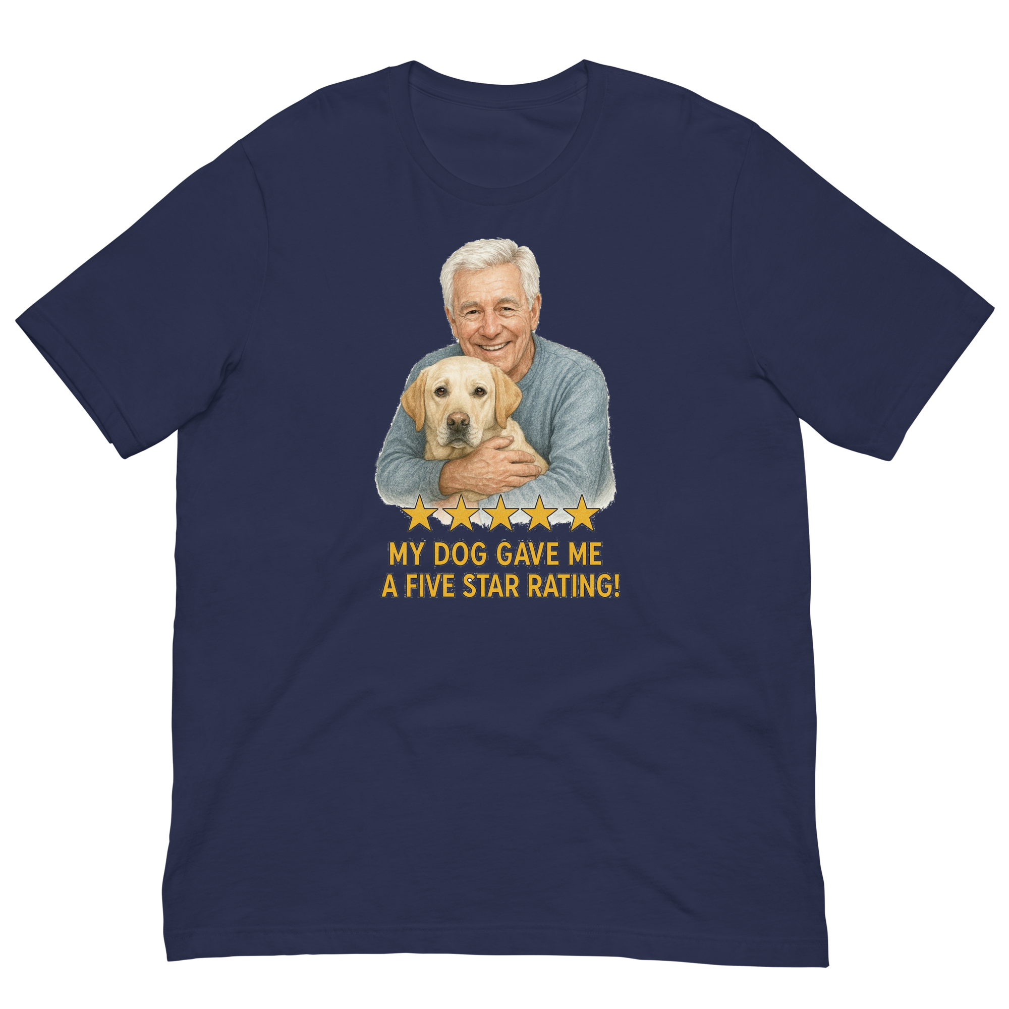 White Hair Man with Yellow Labrador graphic tee.