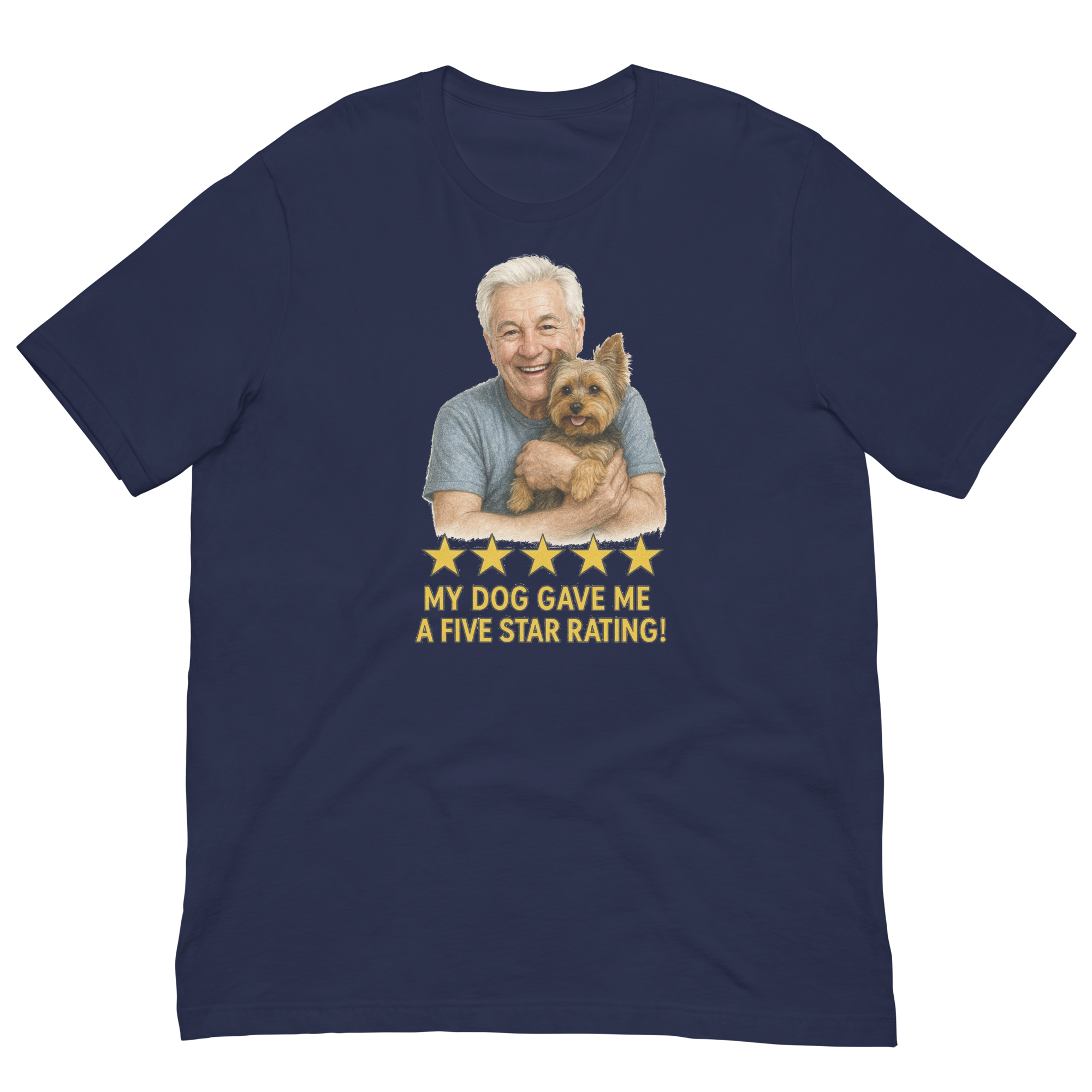 White Hair Man with Yorkie graphic tee.