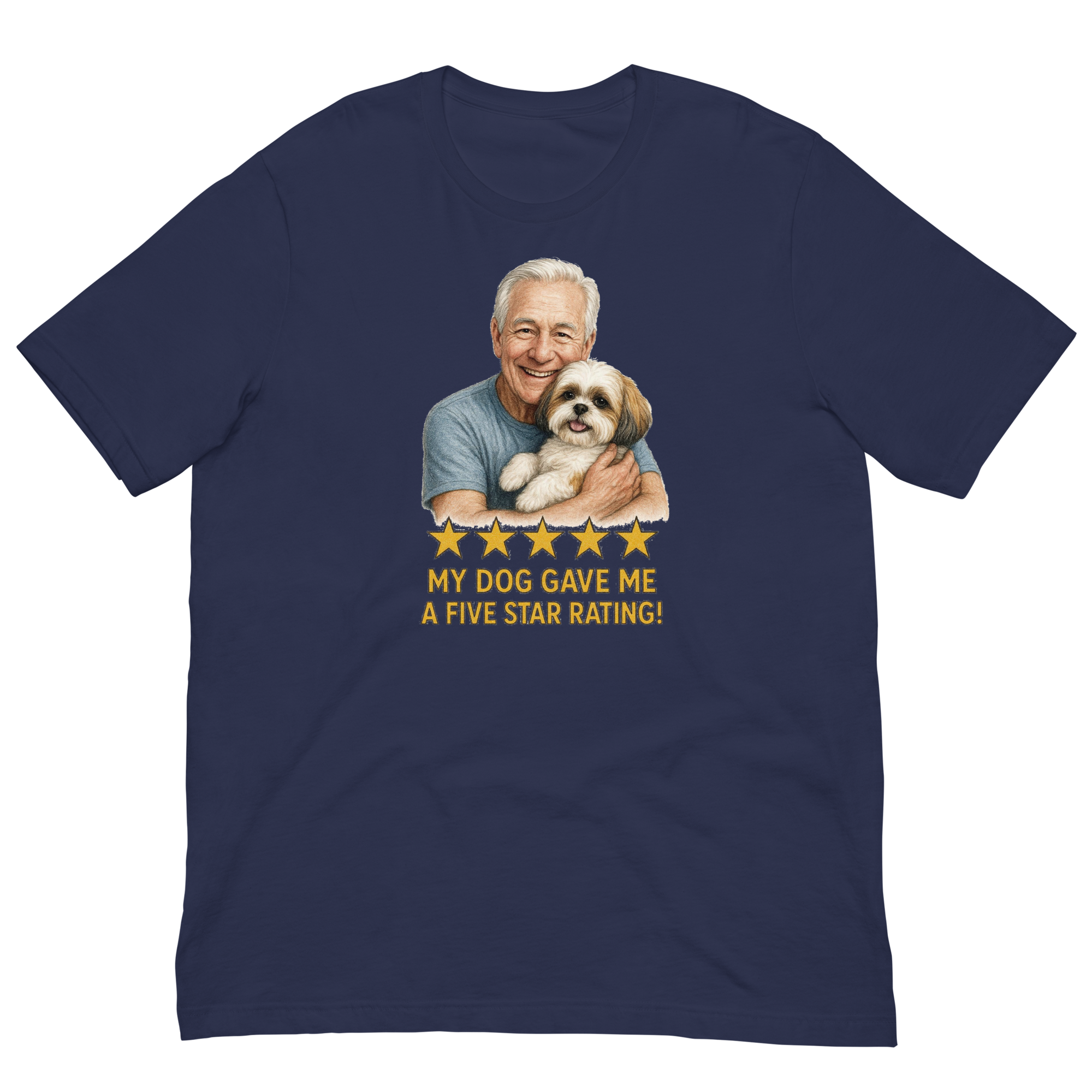 White Hair Man with Shih Tzu graphic tee.