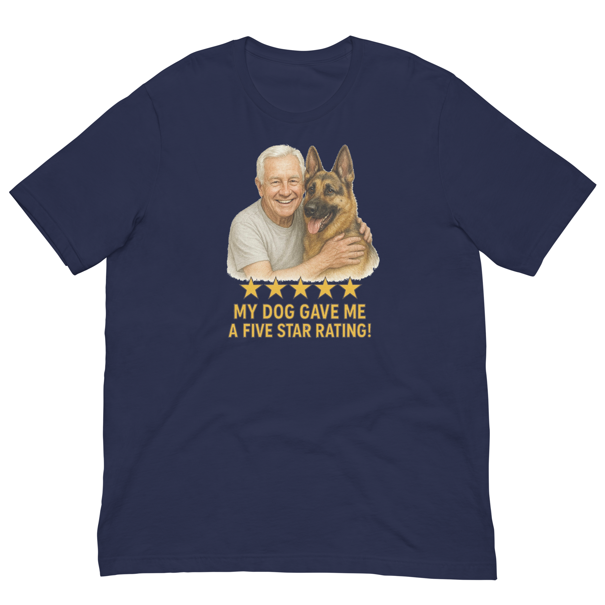 White Hair Man with German Shepherd graphic tee.