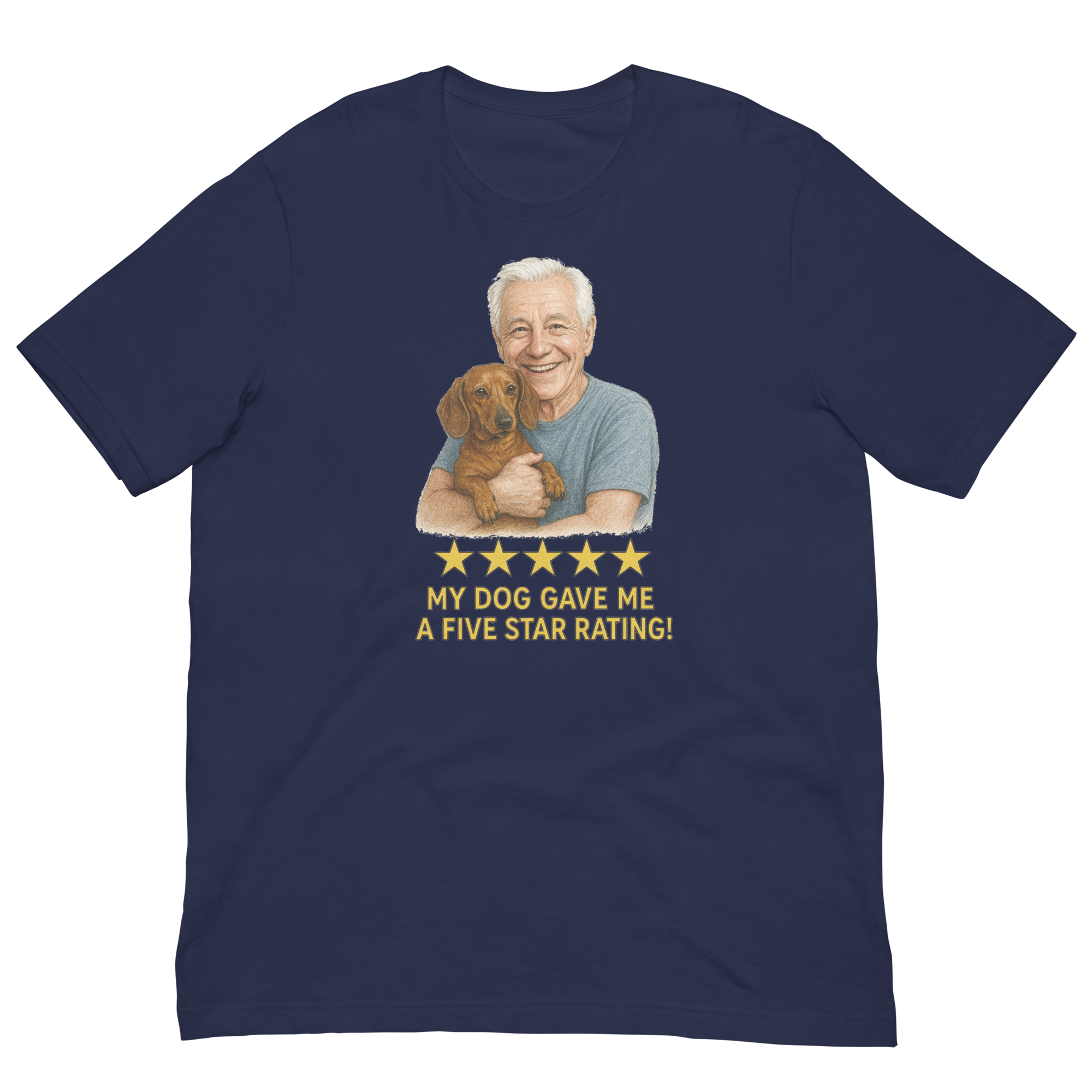 White Hair Man with Dachshund graphic tee.
