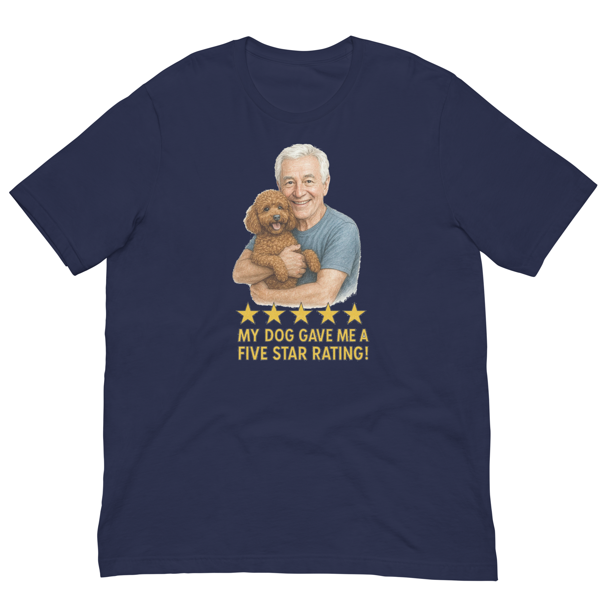 White Hair Man with Brown Poodle graphic tee.