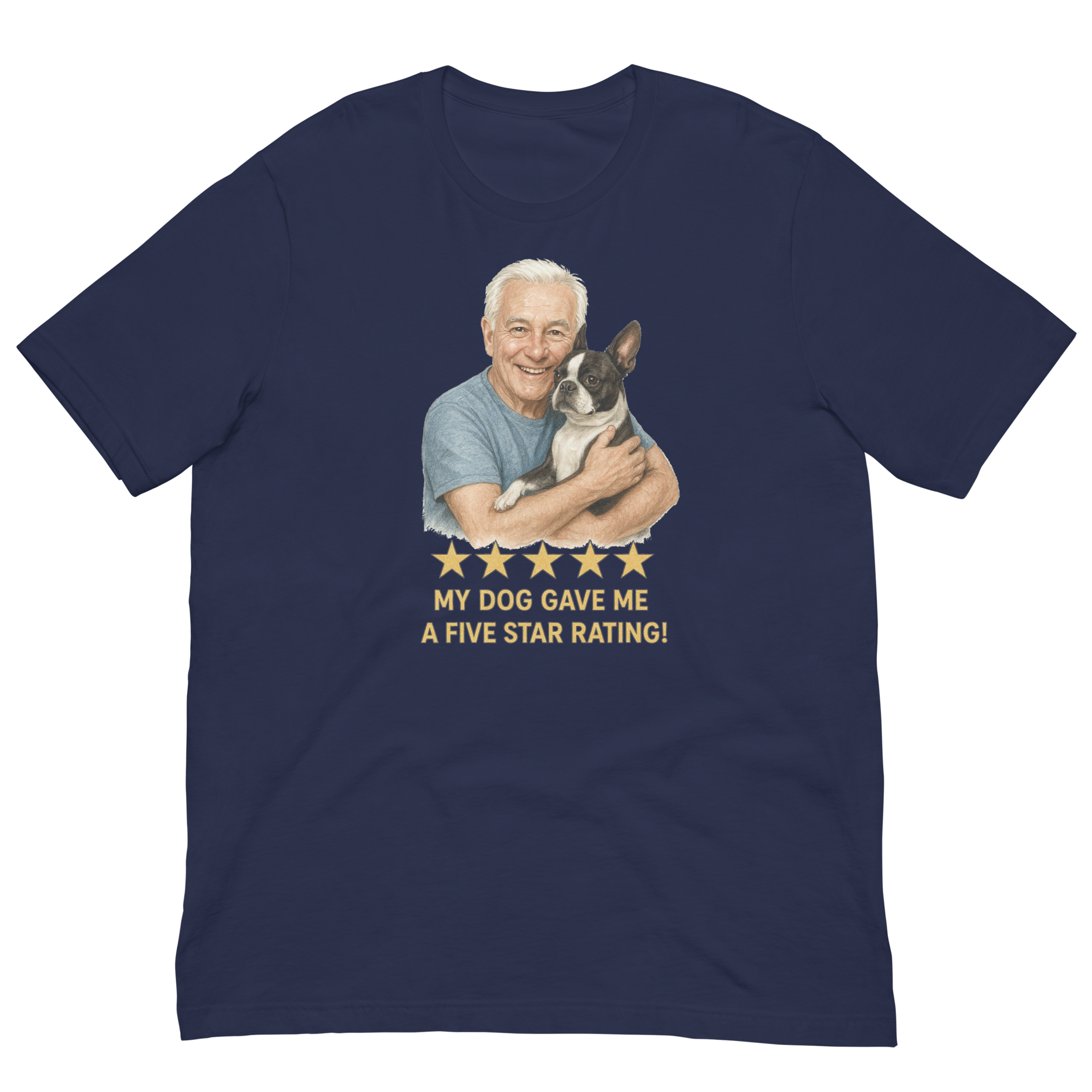 White Hair Man with Boston Terrier graphic tee.