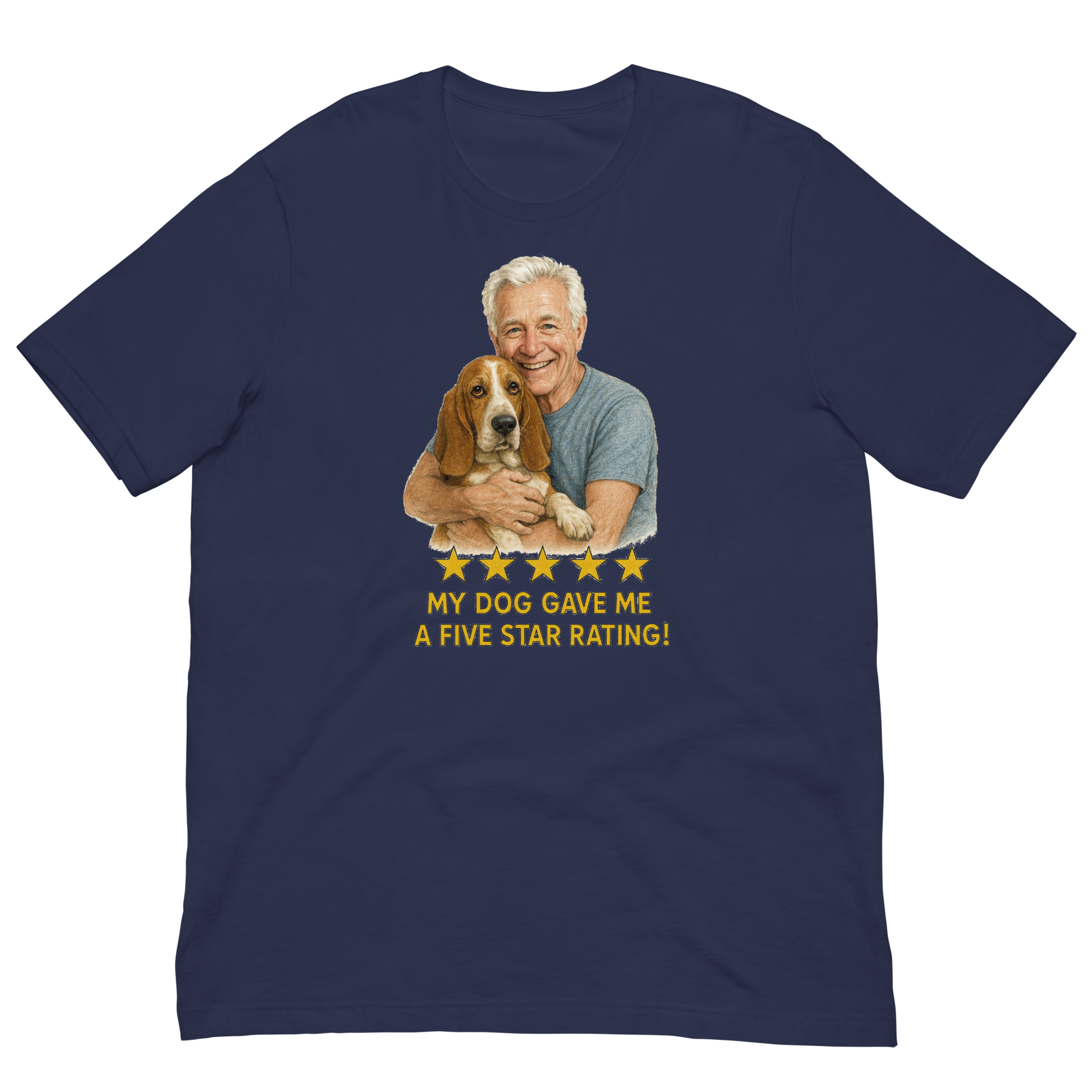 White Hair Man with Basset Hound graphic tee.