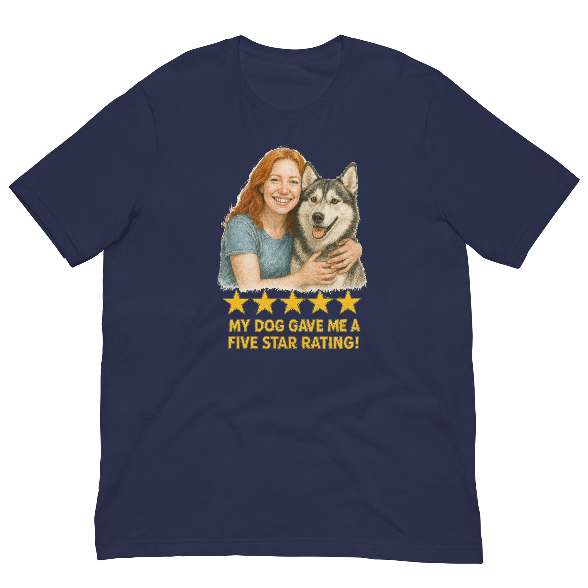 Red Hair Woman with Alaskan Husky graphic tee.