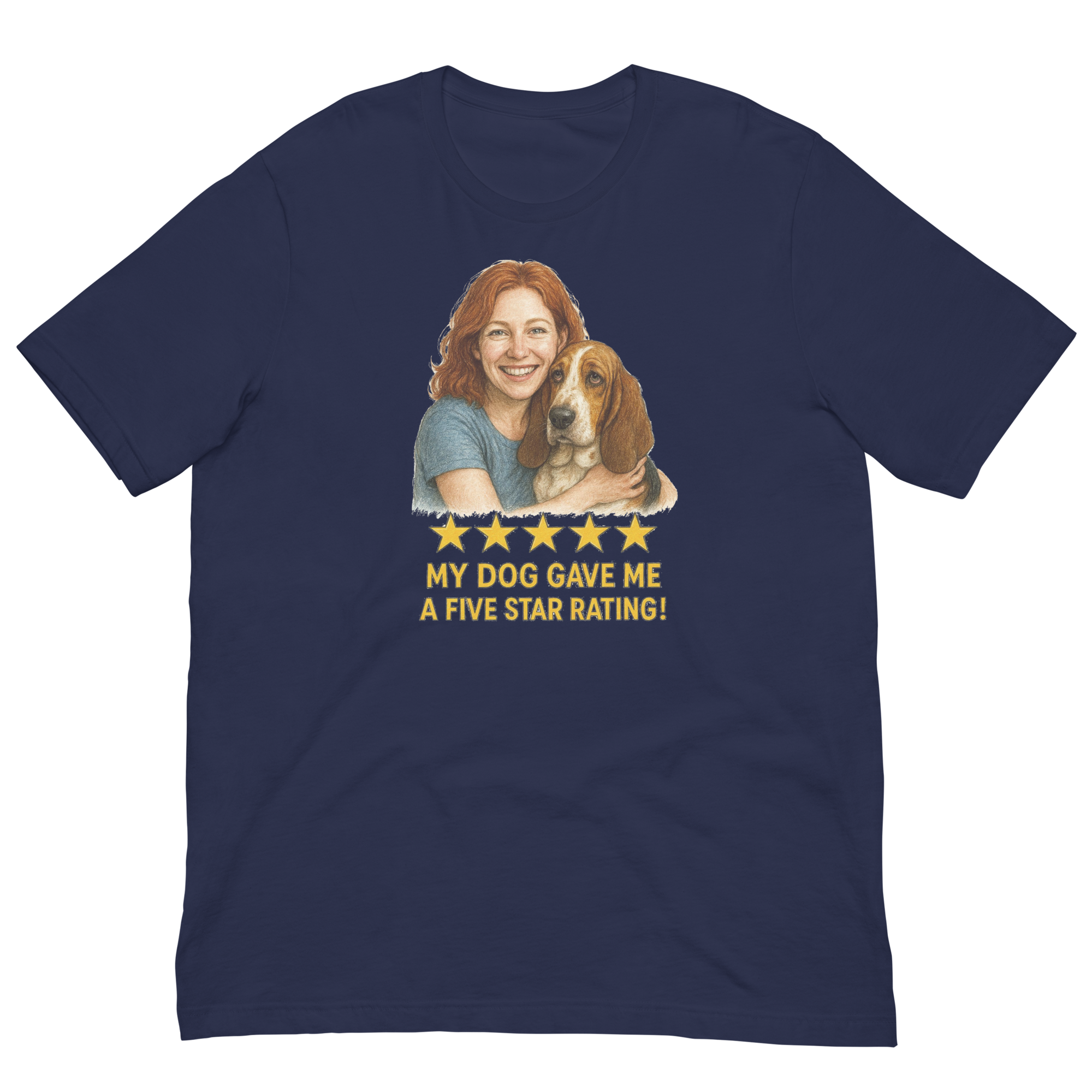 Red Hair Woman with Basset Hound graphic tee.