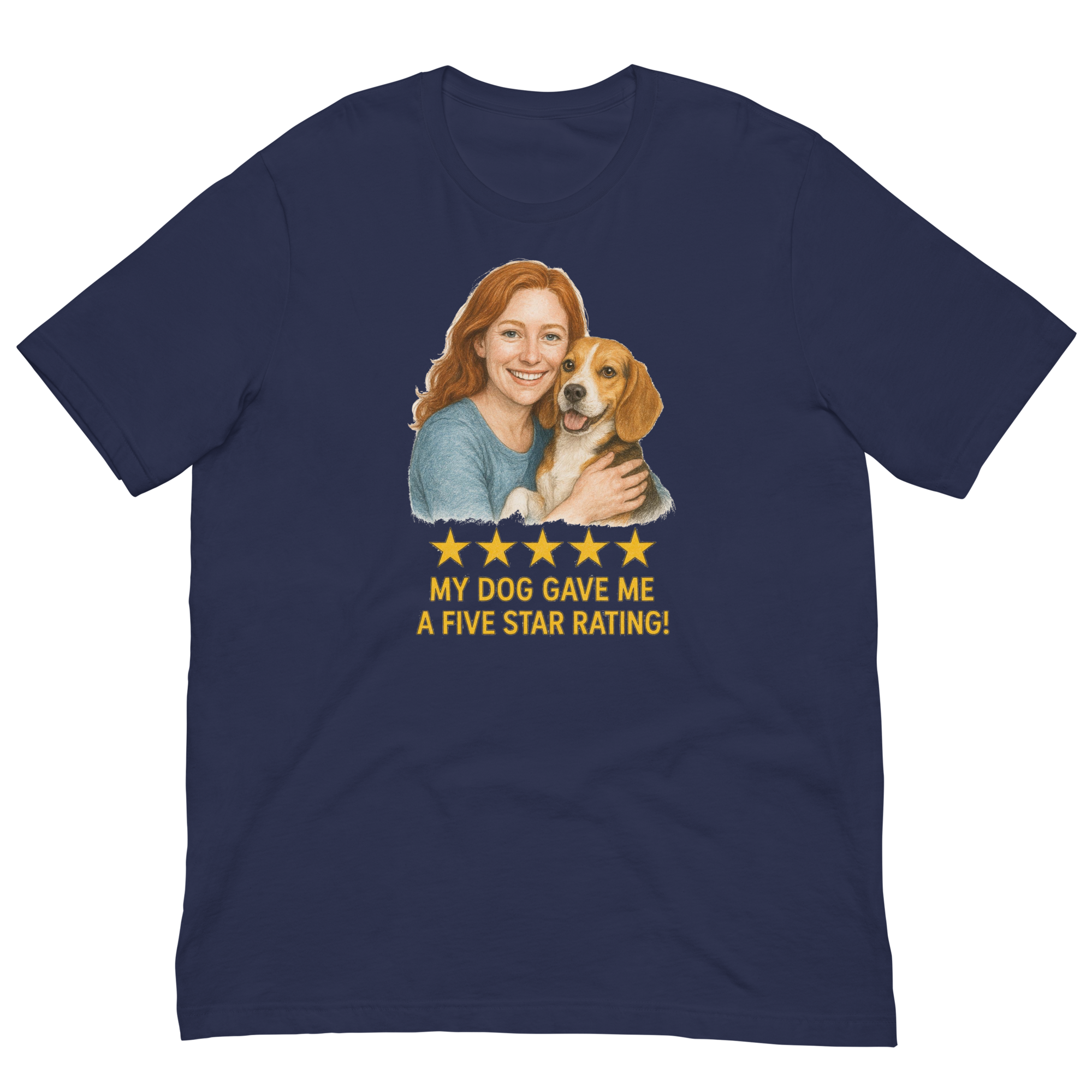 Red Hair Woman with Beagle graphic tee.